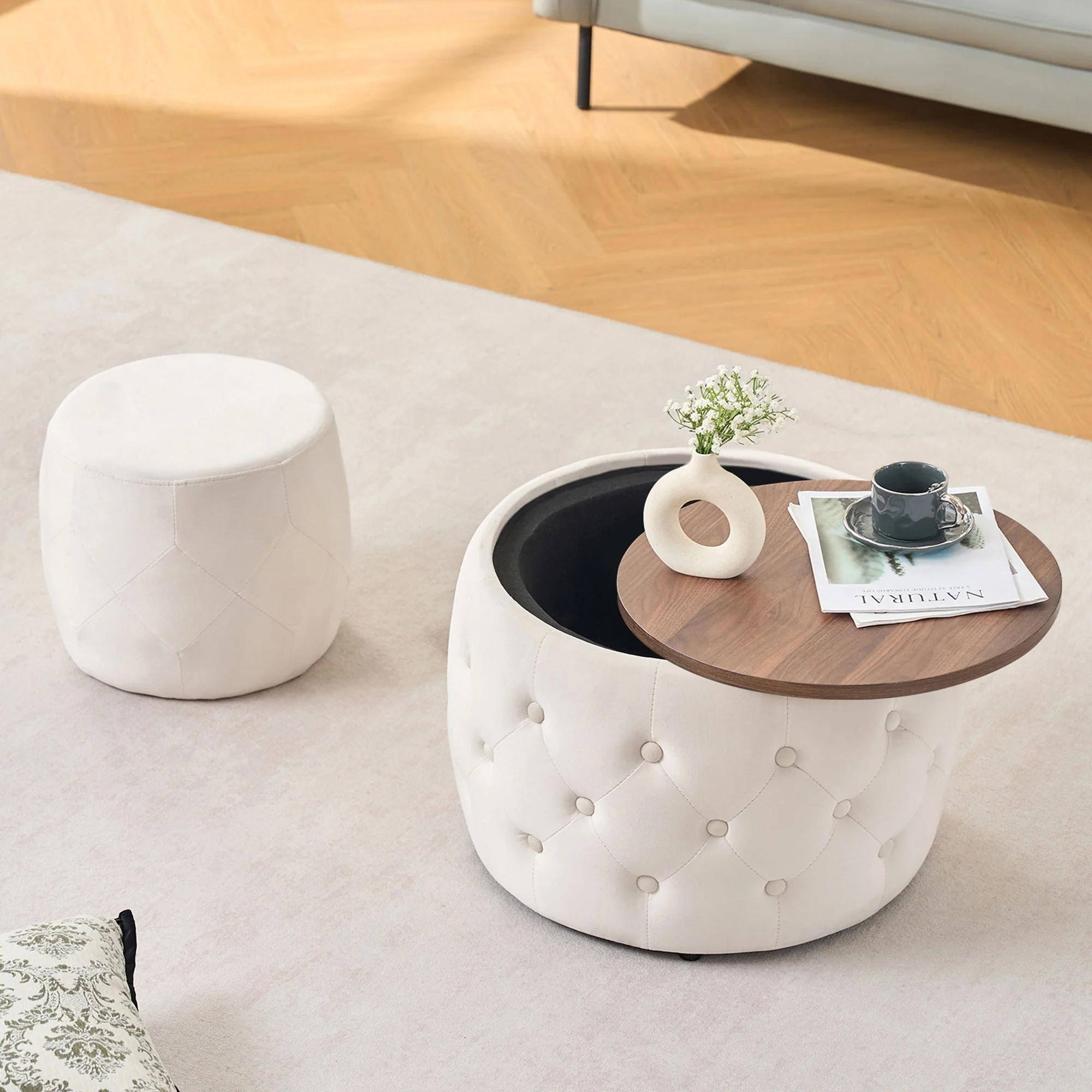 Nesting Ottomans 2 Piece With Tray, 4 In 1 Function - Image 3
