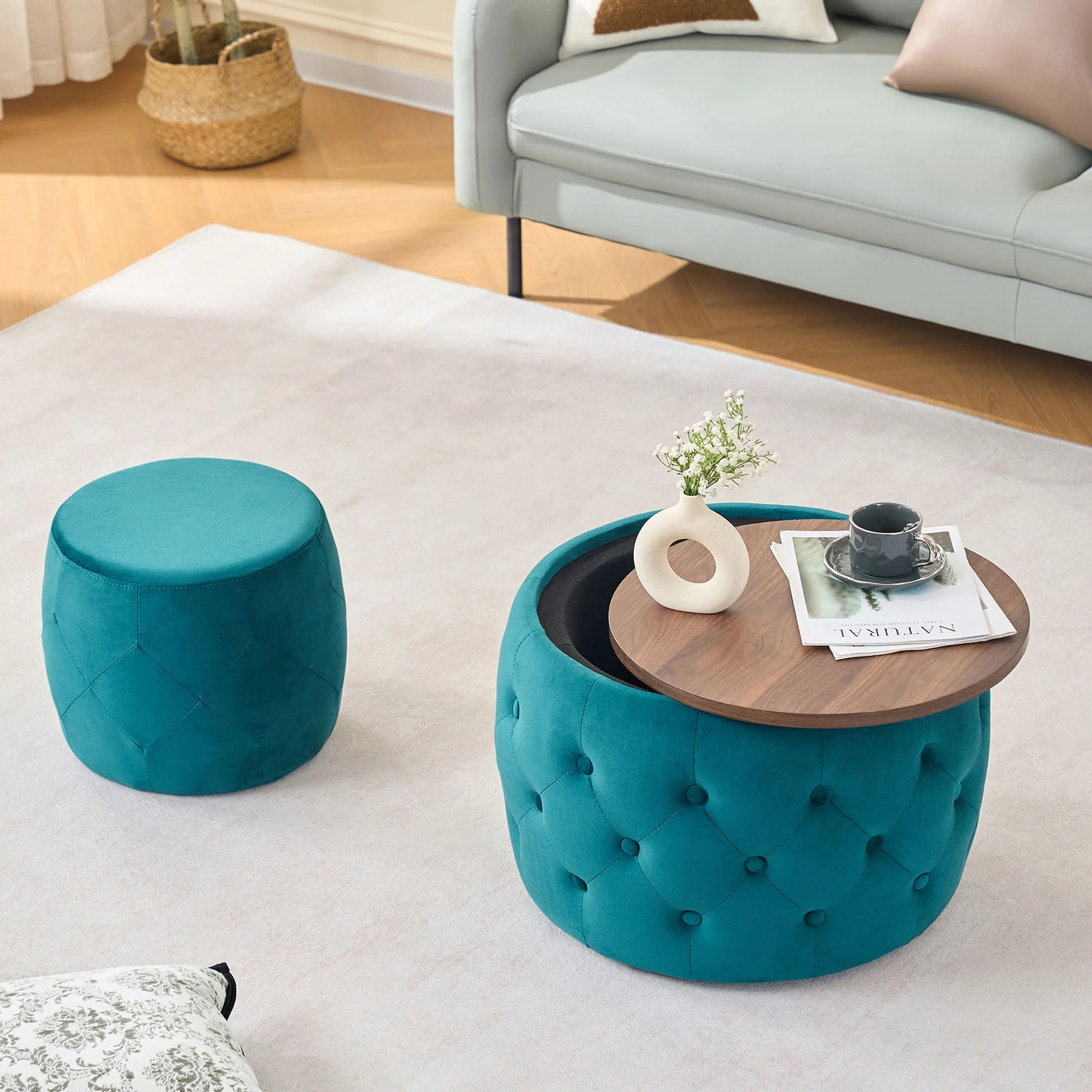 Nesting Ottomans 2 Piece With Tray, 4 In 1 Function - Image 7