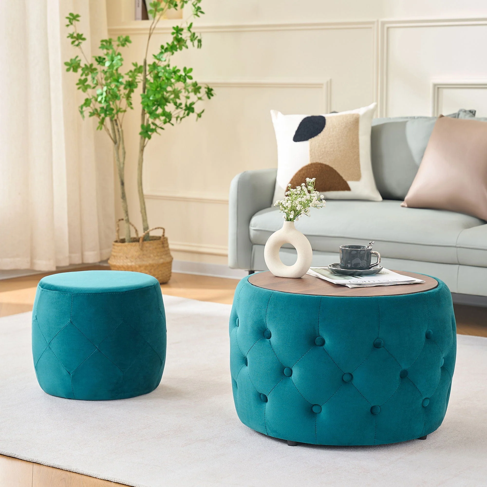 Nesting Ottomans 2 Piece With Tray, 4 In 1 Function - Image 8