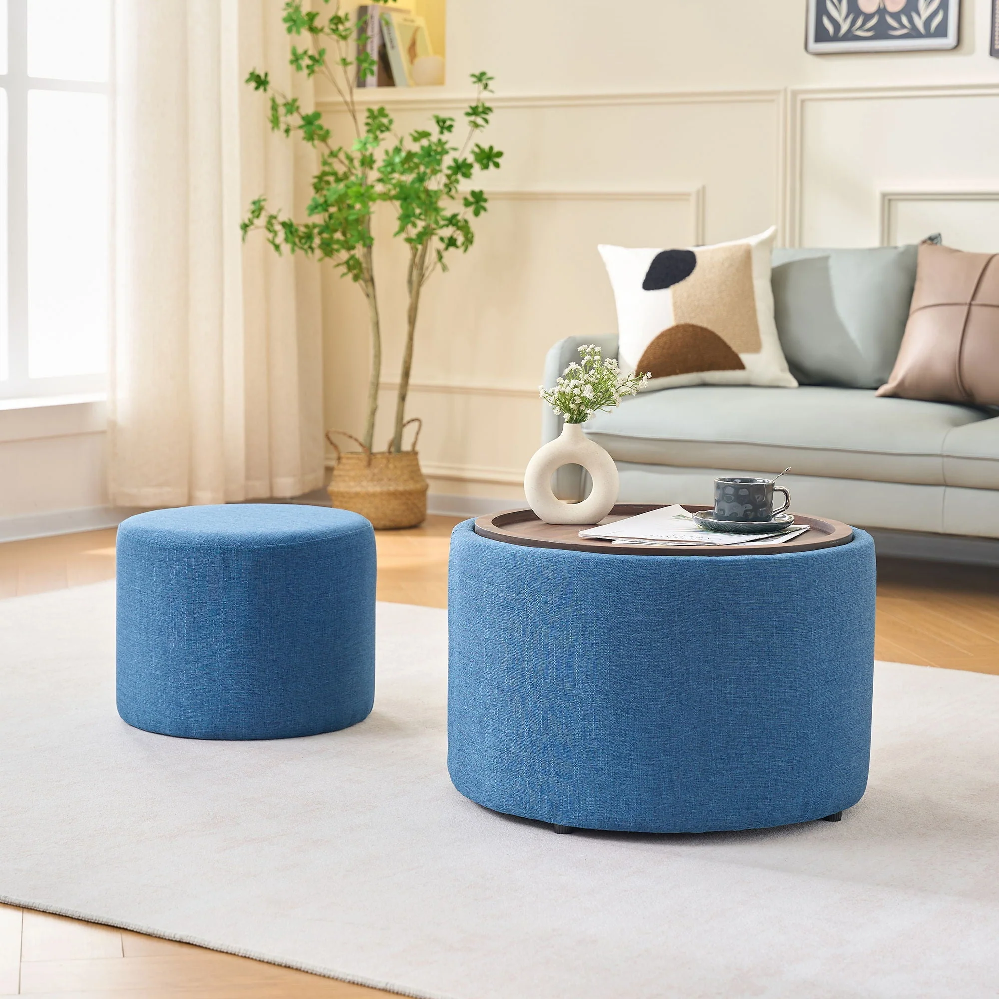 Nesting Ottomans, Round Coffee Table & Bench With Tray (Set of 2) - Image 3