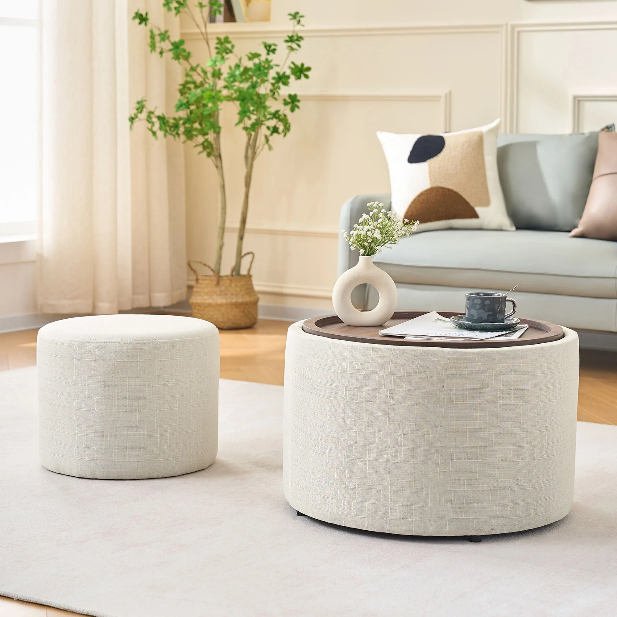 Nesting Ottomans, Round Coffee Table & Bench With Tray (Set of 2) - Image 4