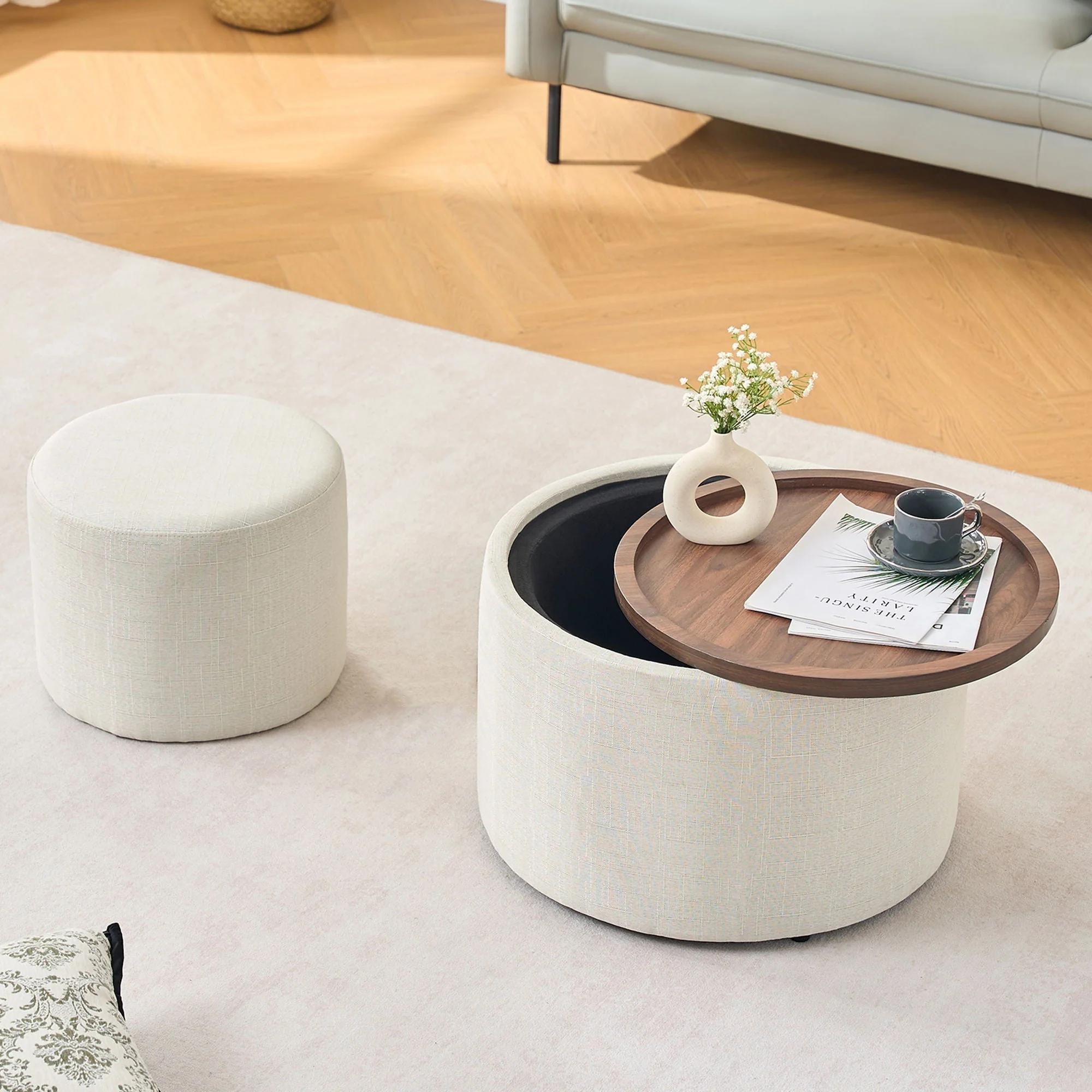 Nesting Ottomans, Round Coffee Table & Bench With Tray (Set of 2) - Image 6