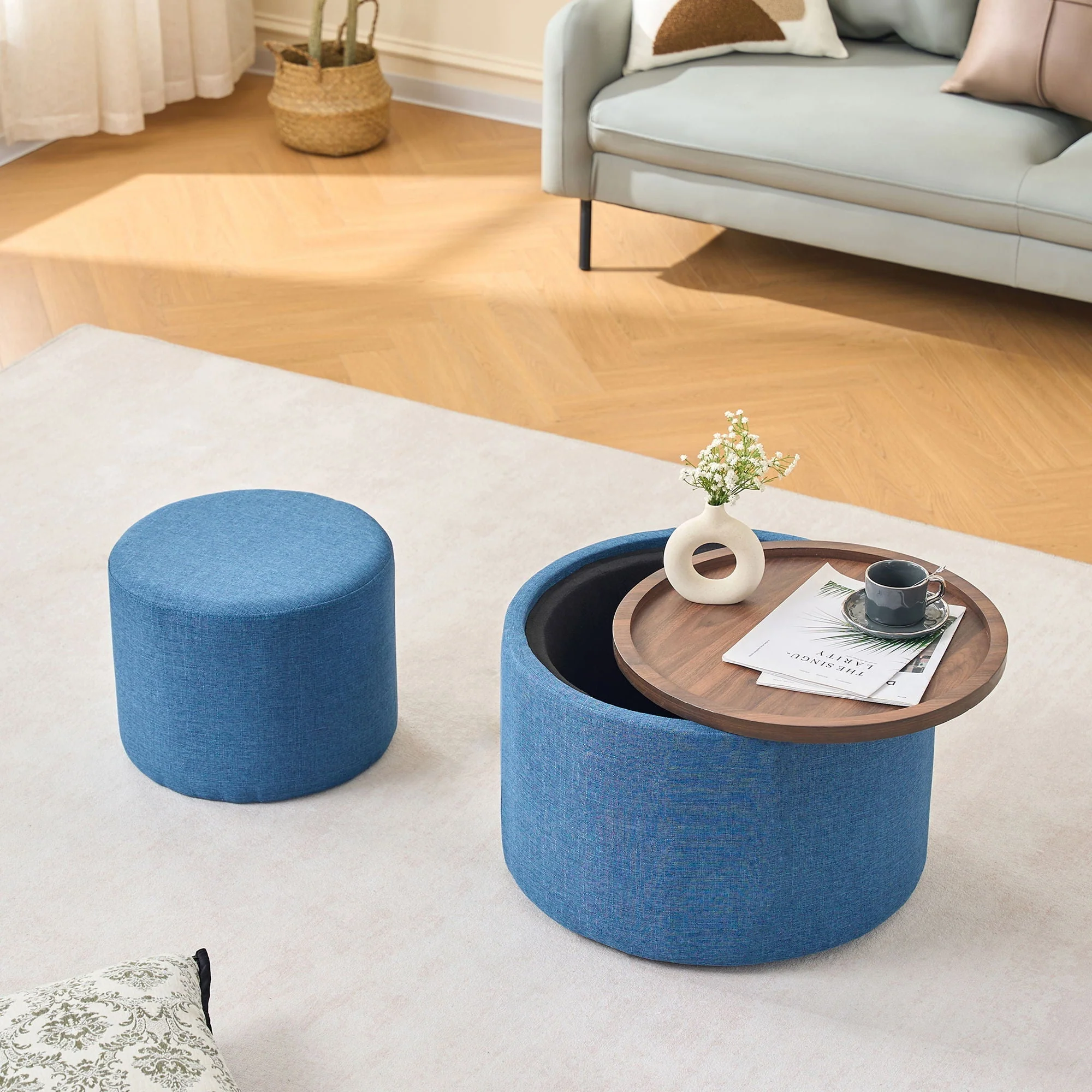 Nesting Ottomans, Round Coffee Table & Bench With Tray (Set of 2) - Image 7