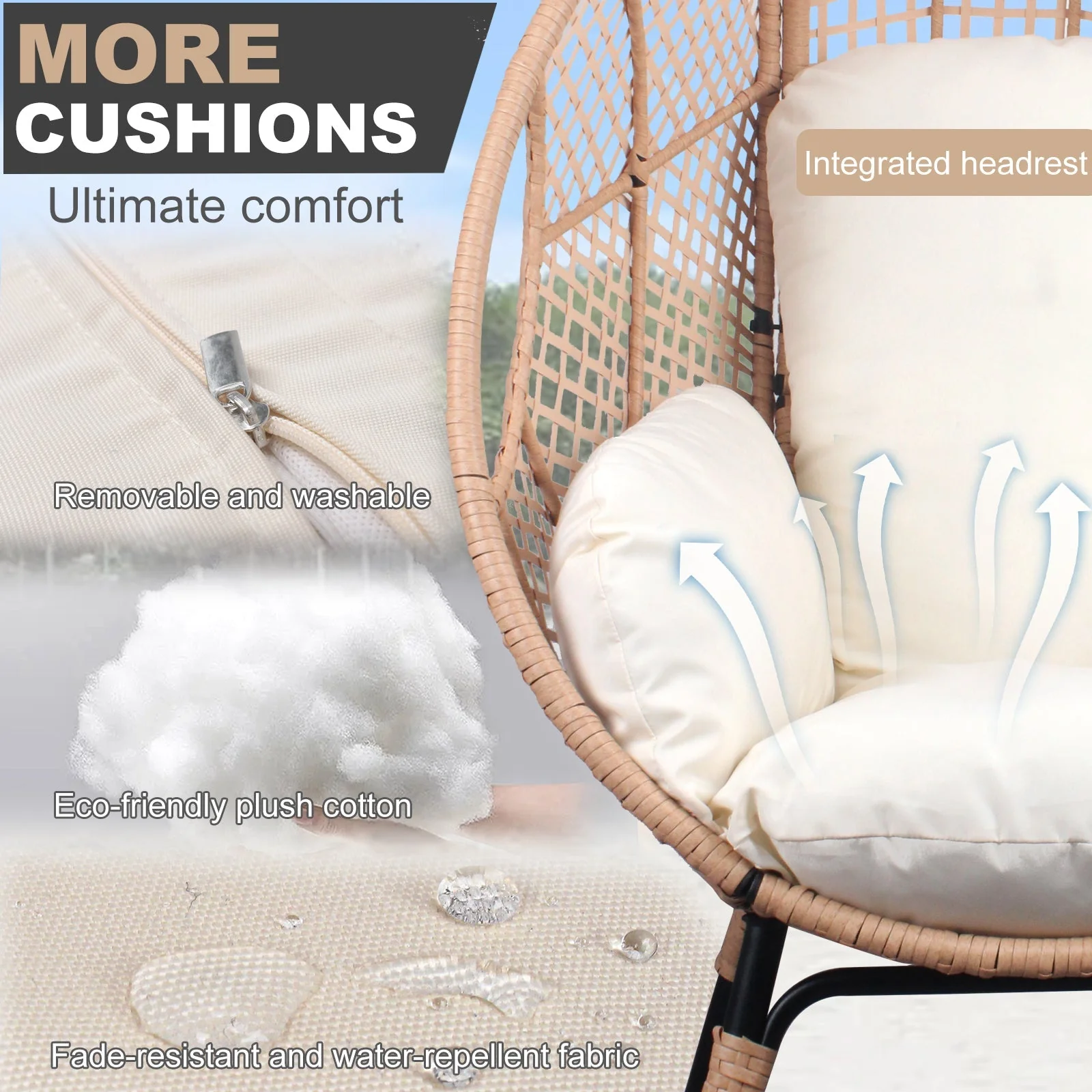 New Grid Style PE Wicker Weaving Patio Egg Chair with Natural Color Rattan Beige Cushion - Image 10