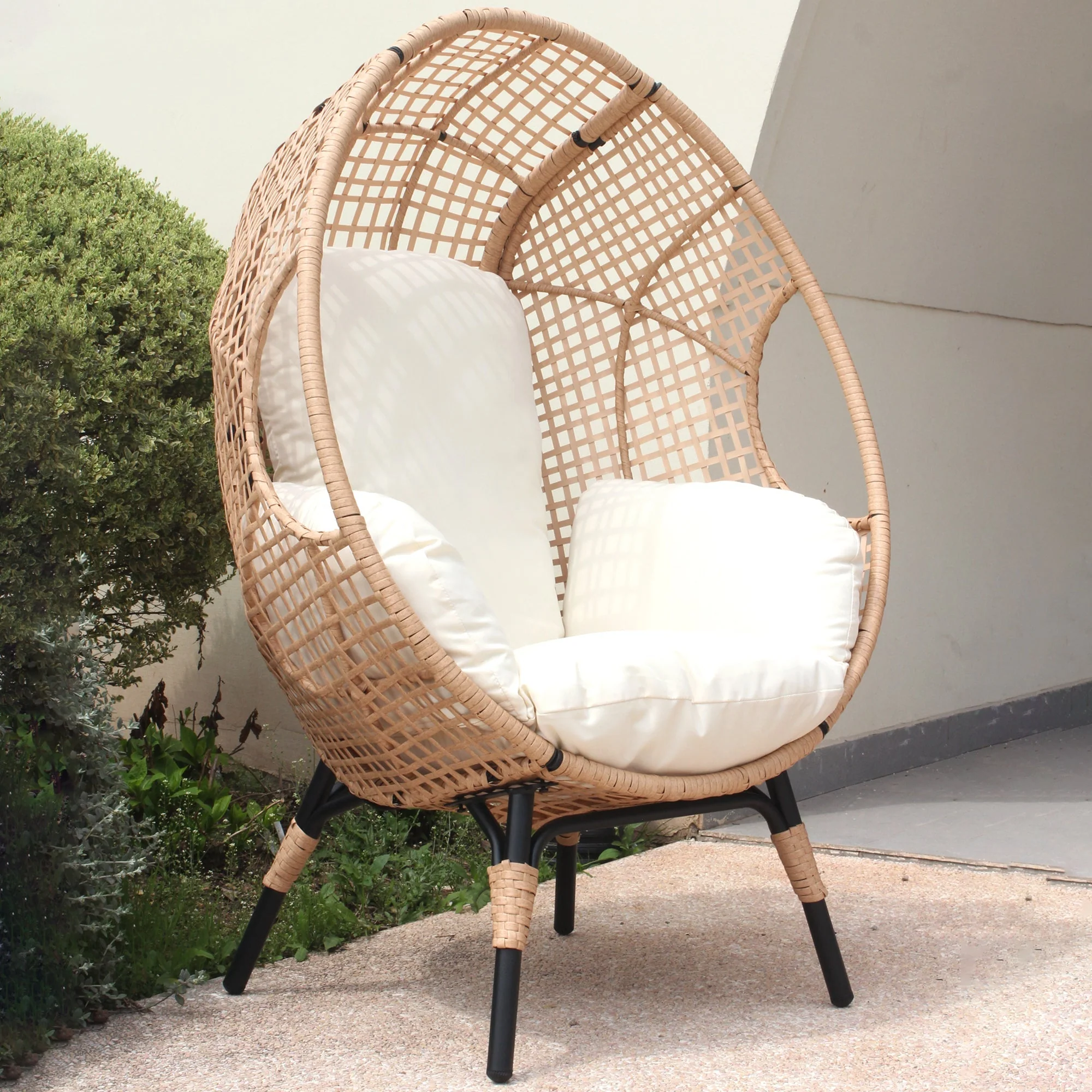 New Grid Style PE Wicker Weaving Patio Egg Chair with Natural Color Rattan Beige Cushion - Image 2