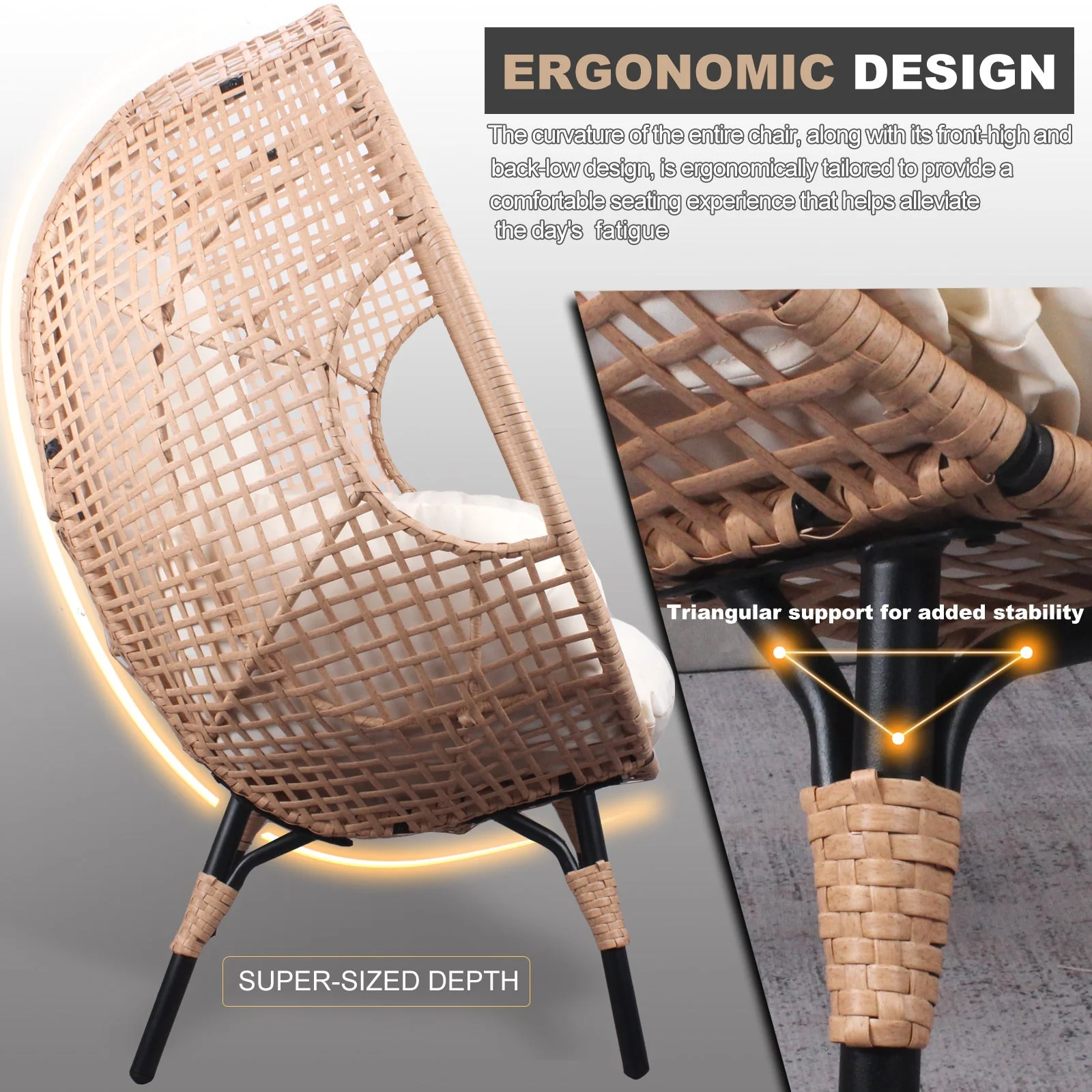 New Grid Style PE Wicker Weaving Patio Egg Chair with Natural Color Rattan Beige Cushion - Image 6
