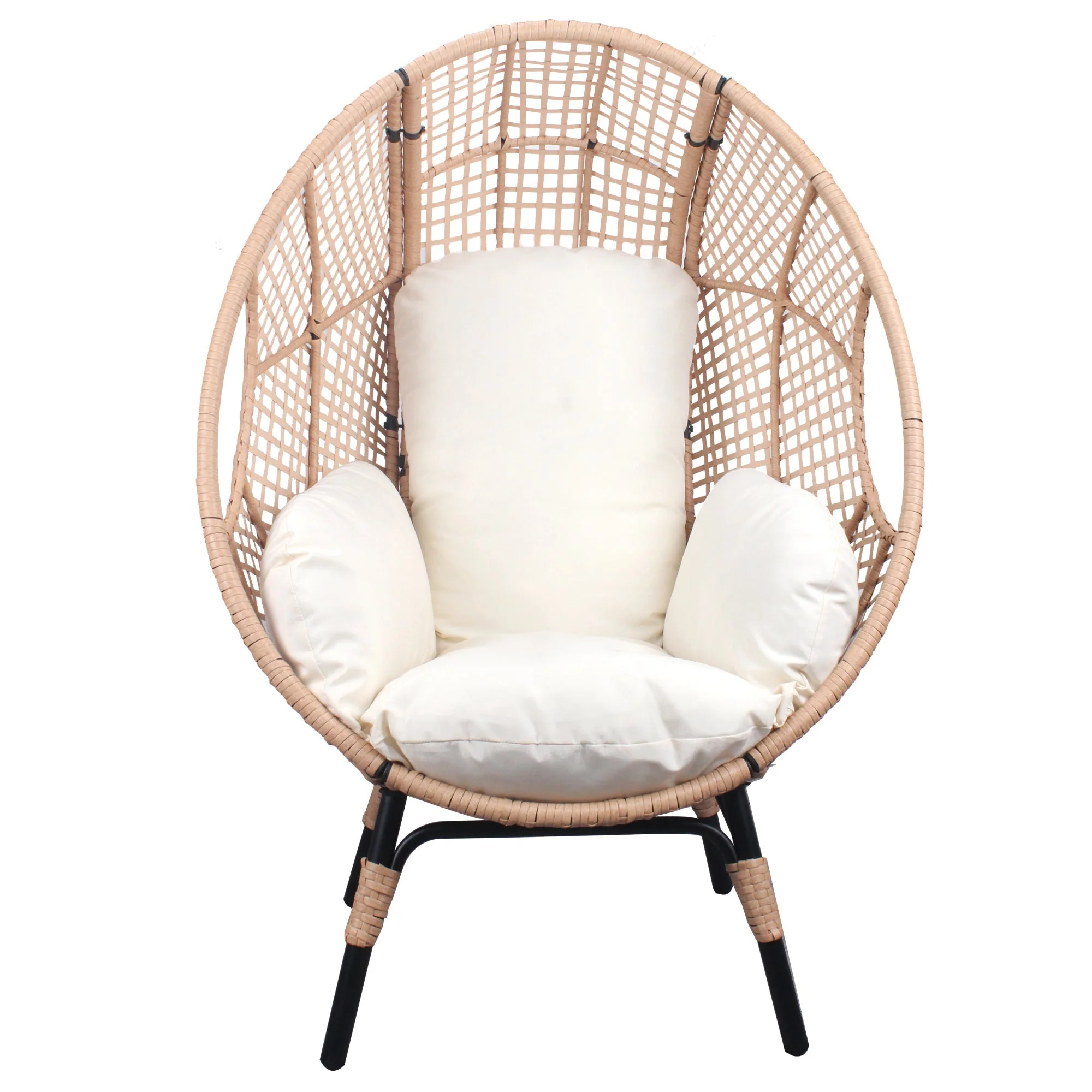 New Grid Style PE Wicker Weaving Patio Egg Chair with Natural Color Rattan Beige Cushion - Image 8