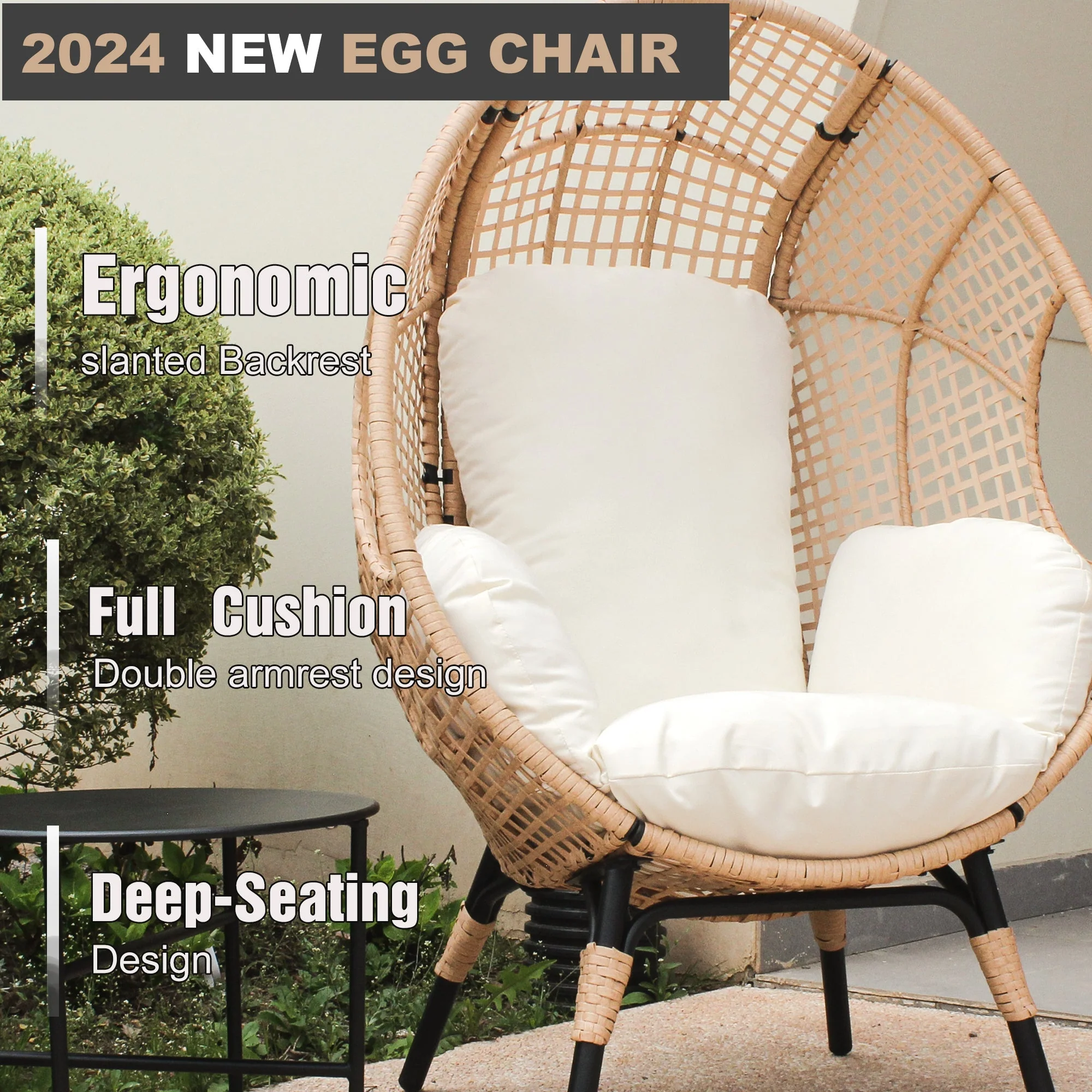 New Grid Style PE Wicker Weaving Patio Egg Chair with Natural Color Rattan Beige Cushion - Image 9