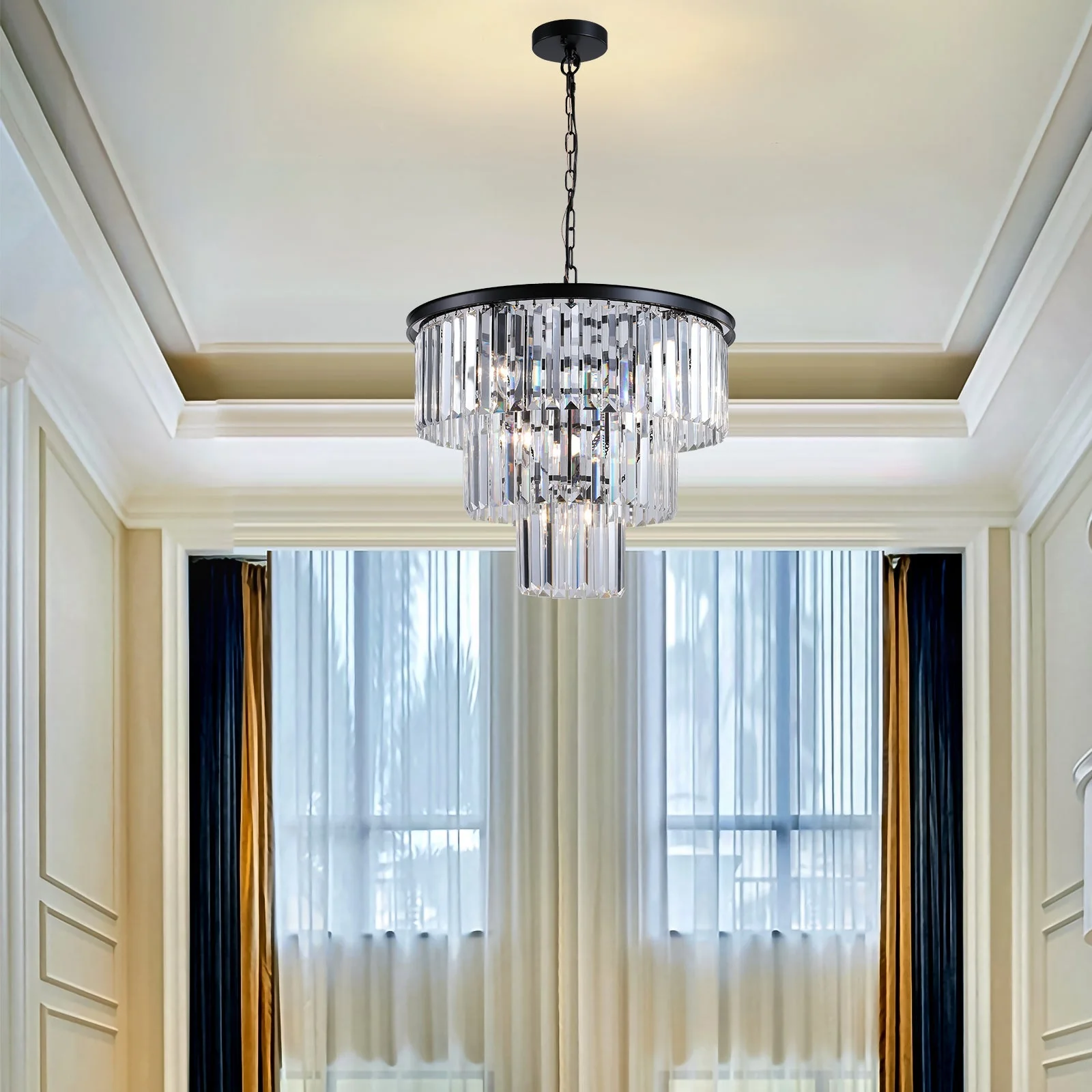 20' Modern Crystal Chandelier with Black Finish – Elegant 7-Light Pendant Light with 3 Tier Crystal Strands for Dining Room, Living Room, or Bedroom (Bulb Not Included) - Image 4