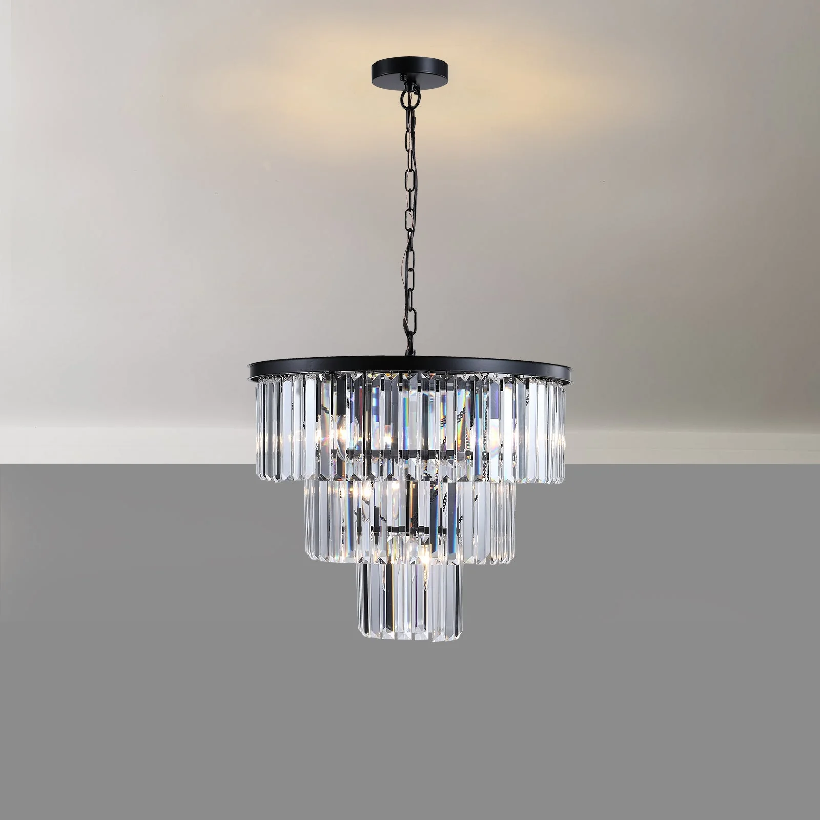 20' Modern Crystal Chandelier with Black Finish – Elegant 7-Light Pendant Light with 3 Tier Crystal Strands for Dining Room, Living Room, or Bedroom (Bulb Not Included) - Image 6