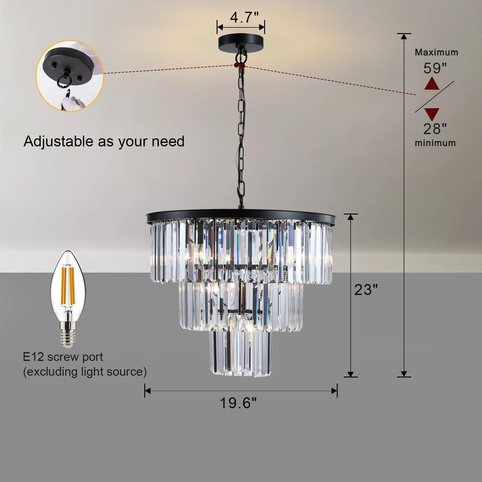 20' Modern Crystal Chandelier with Black Finish – Elegant 7-Light Pendant Light with 3 Tier Crystal Strands for Dining Room, Living Room, or Bedroom (Bulb Not Included) - Image 9
