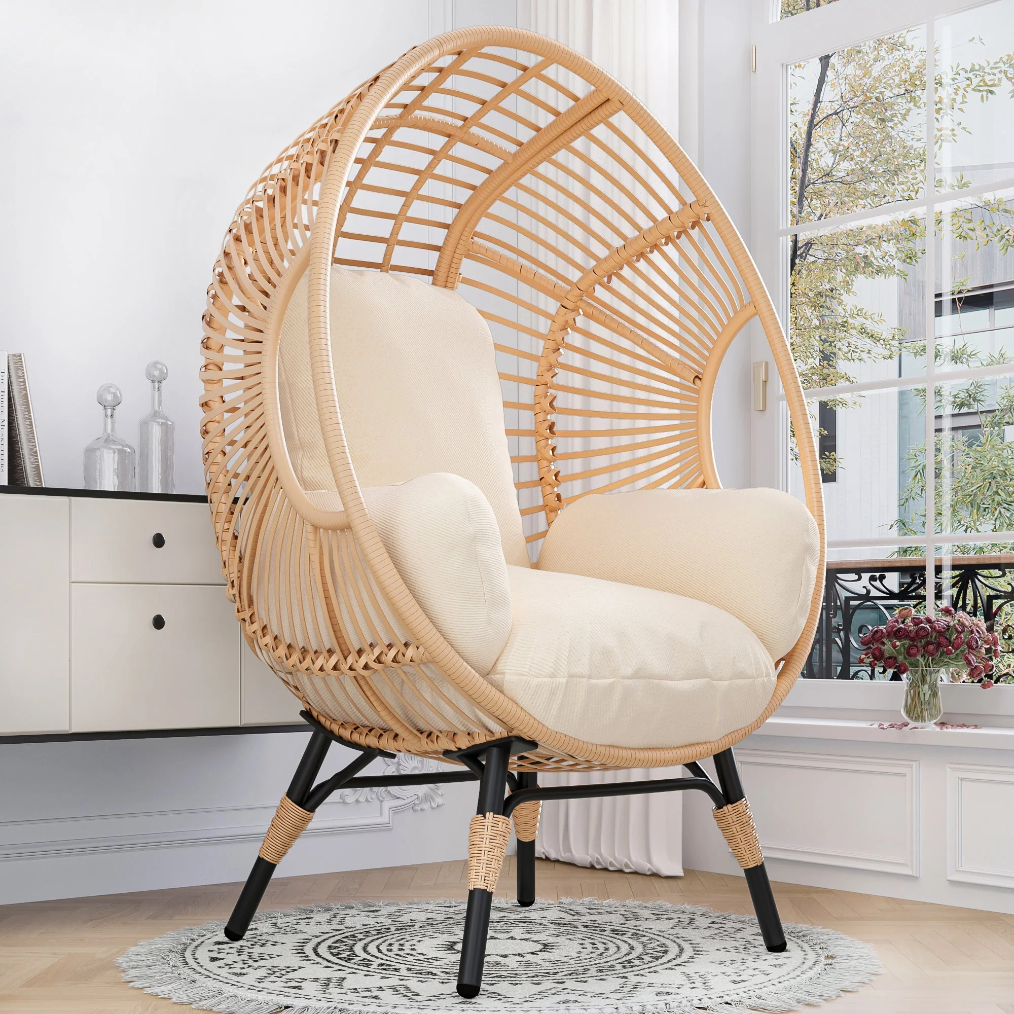 New Style PE Wicker Weaving Patio Egg Chair with Natural Color Rattan Beige Cushion - Image 2