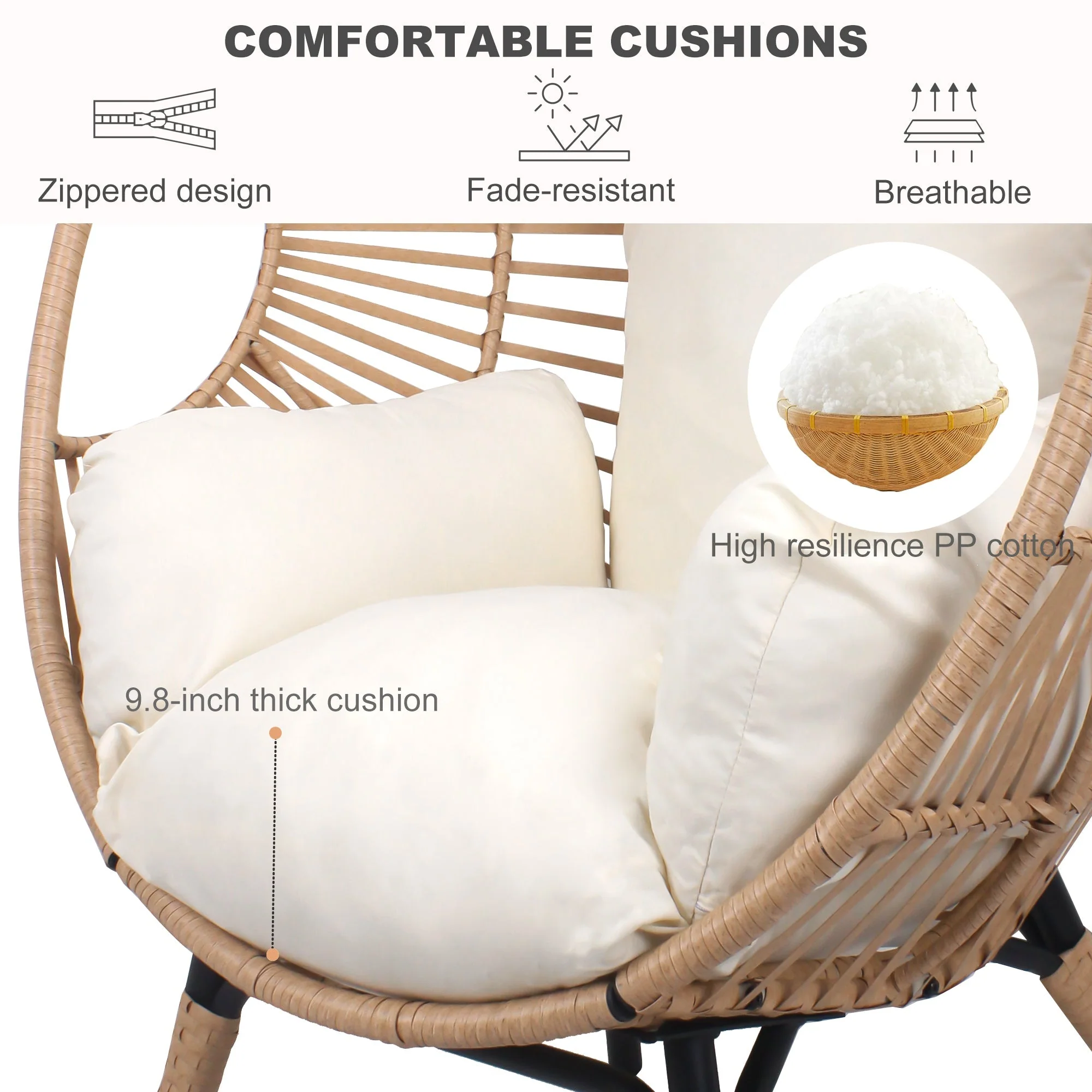 New Style PE Wicker Weaving Patio Egg Chair with Natural Color Rattan Beige Cushion - Image 3