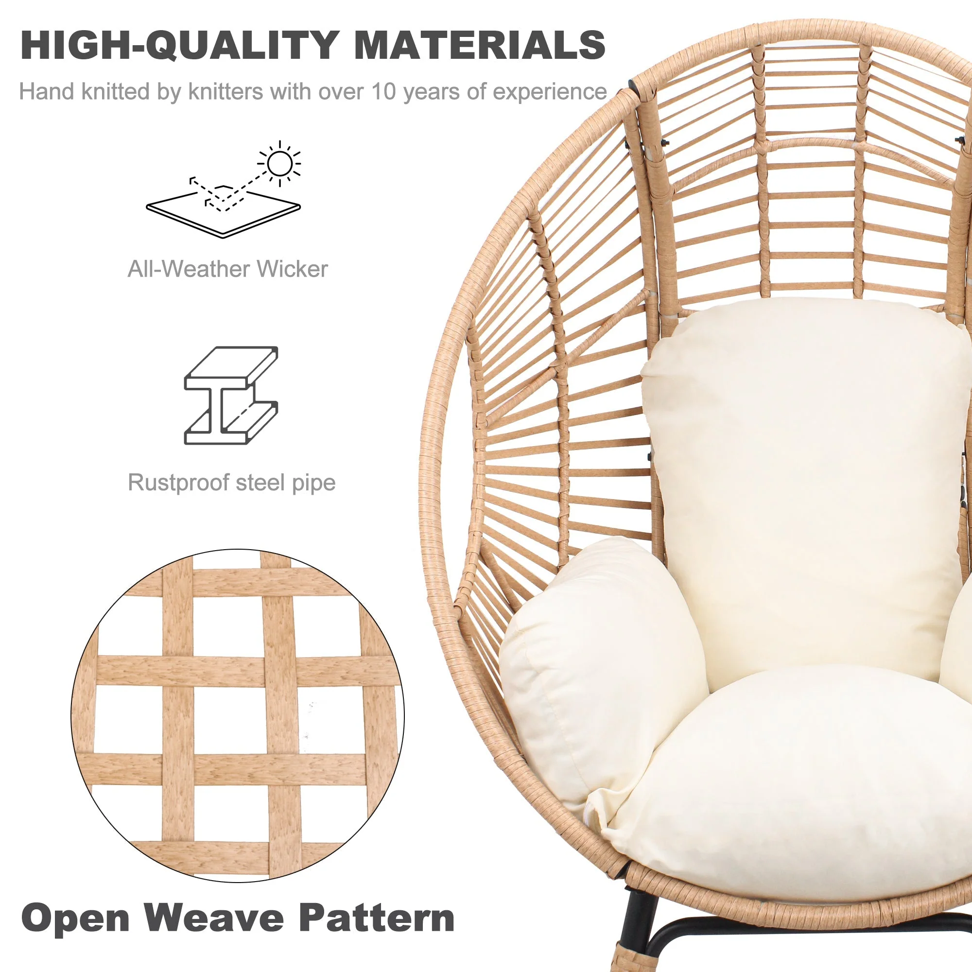 New Style PE Wicker Weaving Patio Egg Chair with Natural Color Rattan Beige Cushion - Image 4