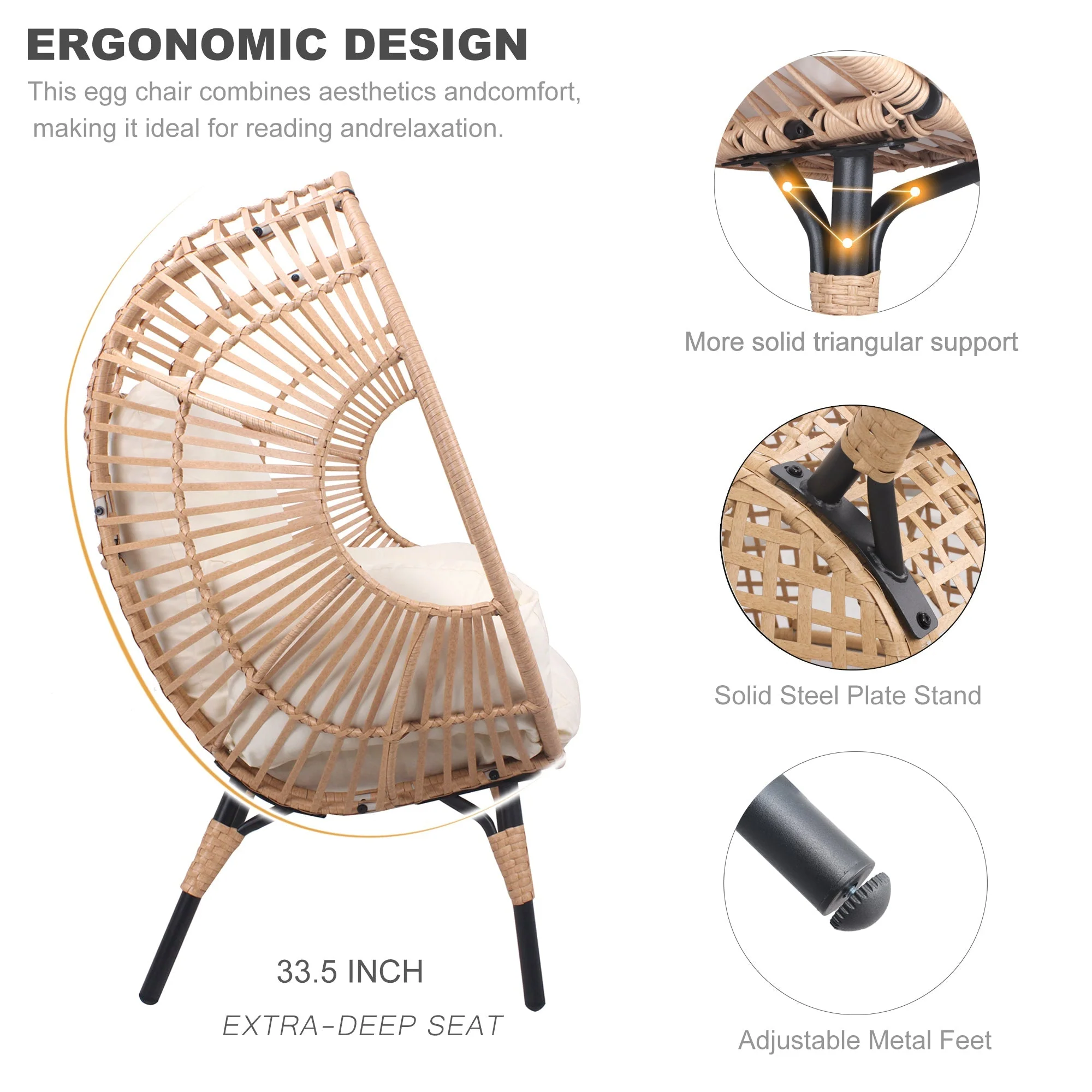 New Style PE Wicker Weaving Patio Egg Chair with Natural Color Rattan Beige Cushion - Image 5