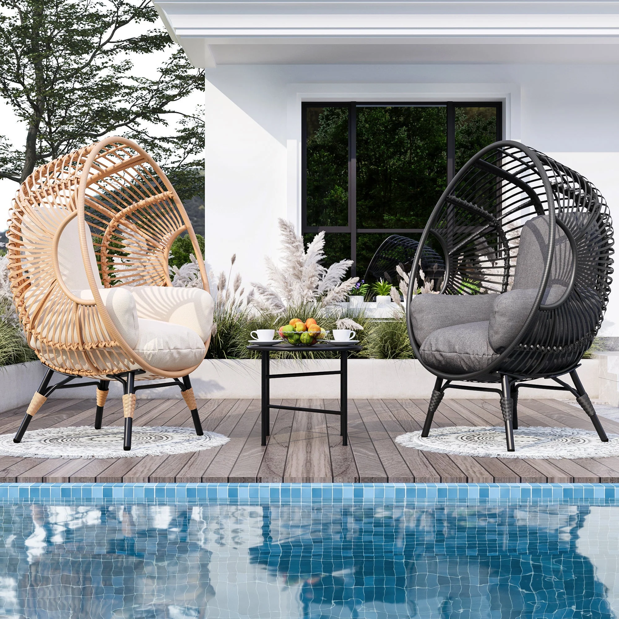 New Style PE Wicker Weaving Patio Egg Chair with Natural Color Rattan Beige Cushion - Image 7