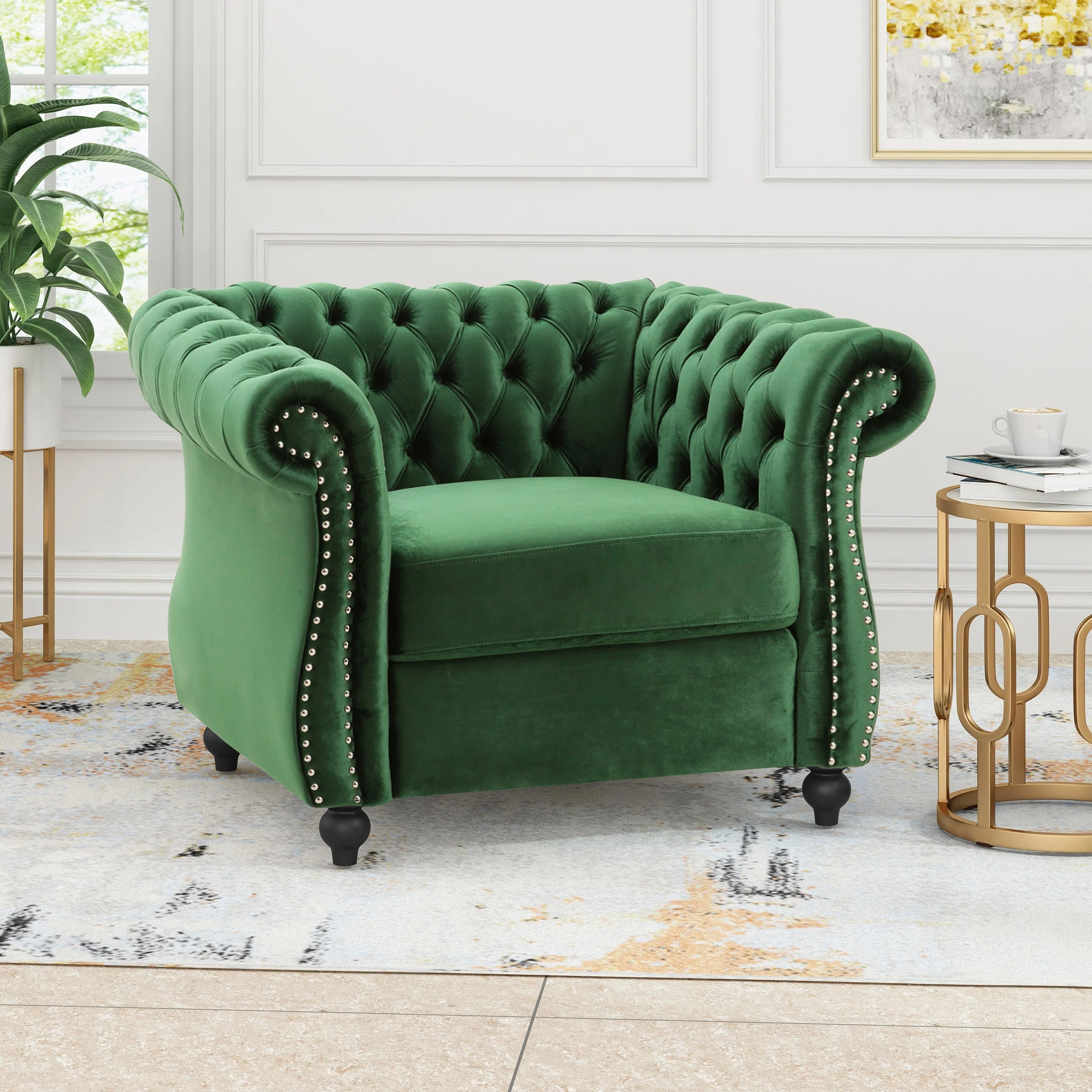 Nexuson Upholstered Velvet Chesterfield Chair with Deep Tufted and Nailhead Trim, Emerald - Image 9