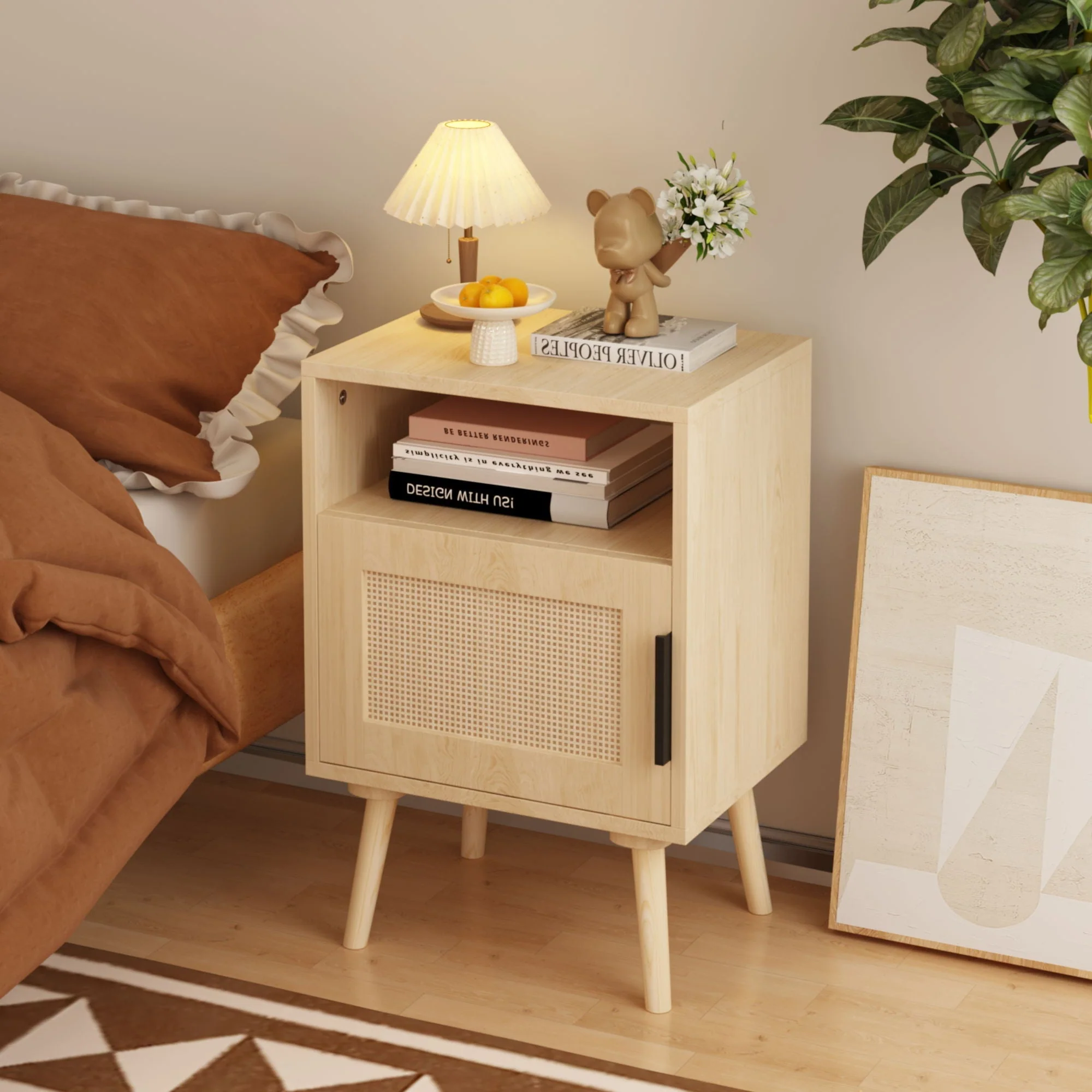 Nightstand, Side Table With Door And Open Shelf For Bedroom - Oak - Image 2