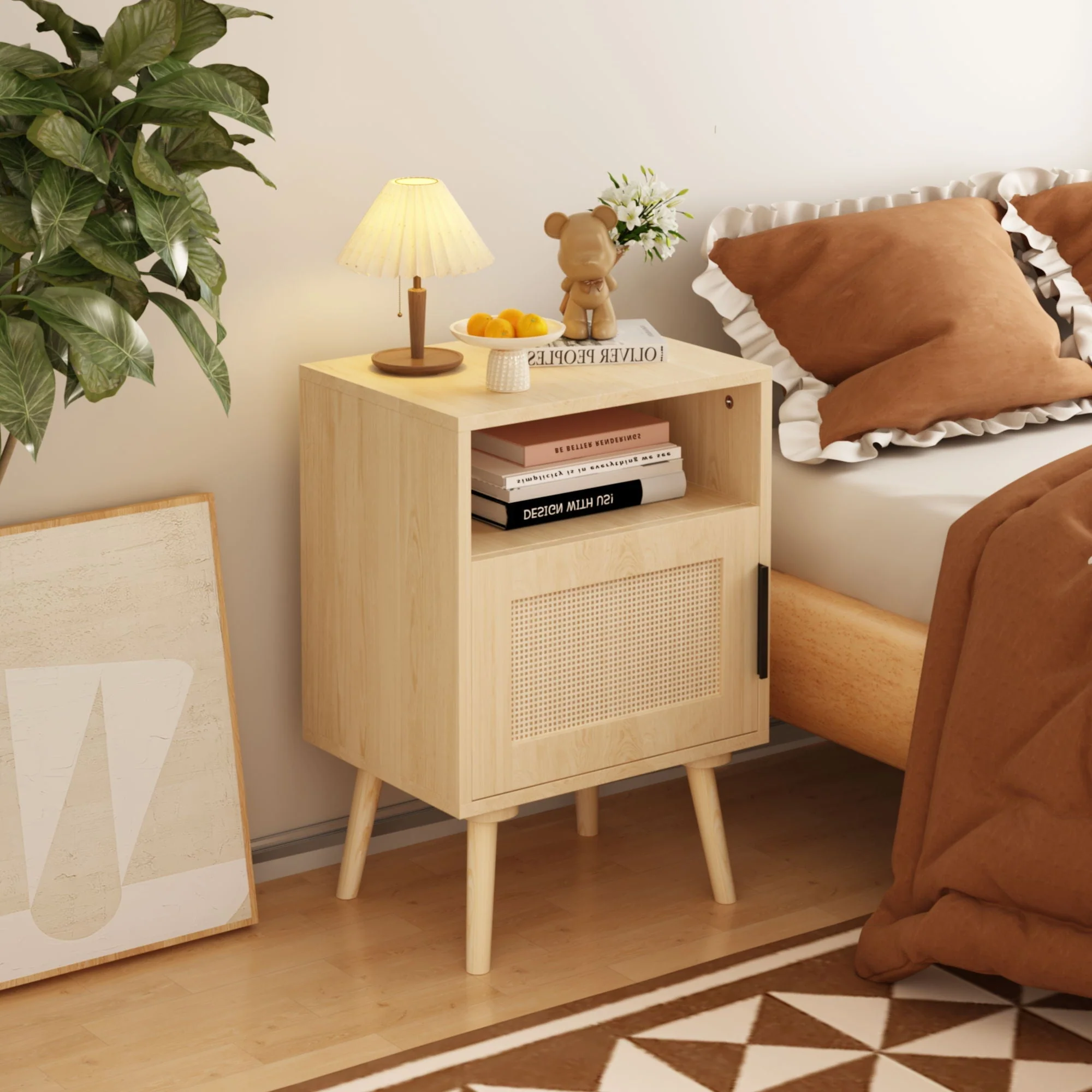 Nightstand, Side Table With Door And Open Shelf For Bedroom - Oak - Image 3
