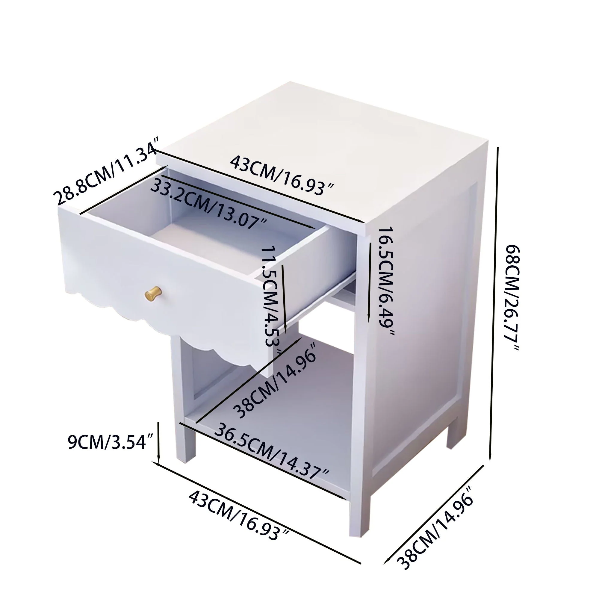 Nightstand With Drawer And Open Shelf, Scalloped Edge Bedside Table - Image 3