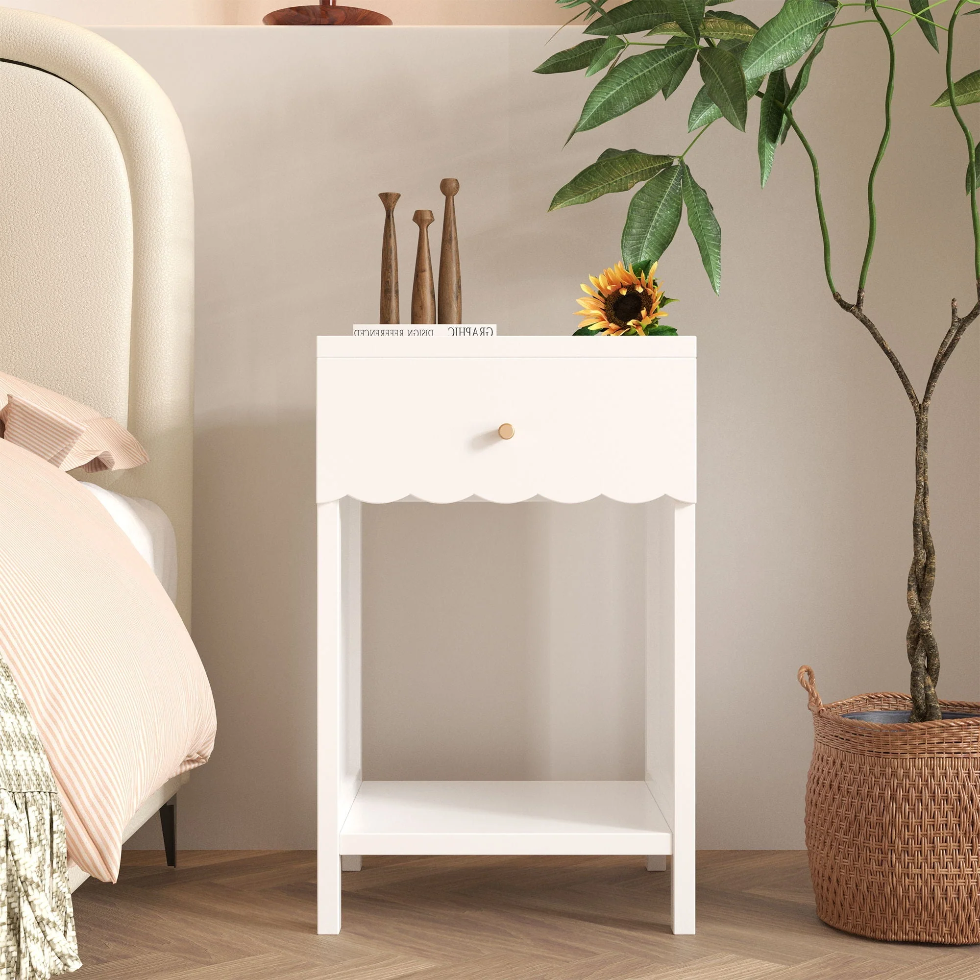 Nightstand With Drawer And Open Shelf, Scalloped Edge Bedside Table - Image 4