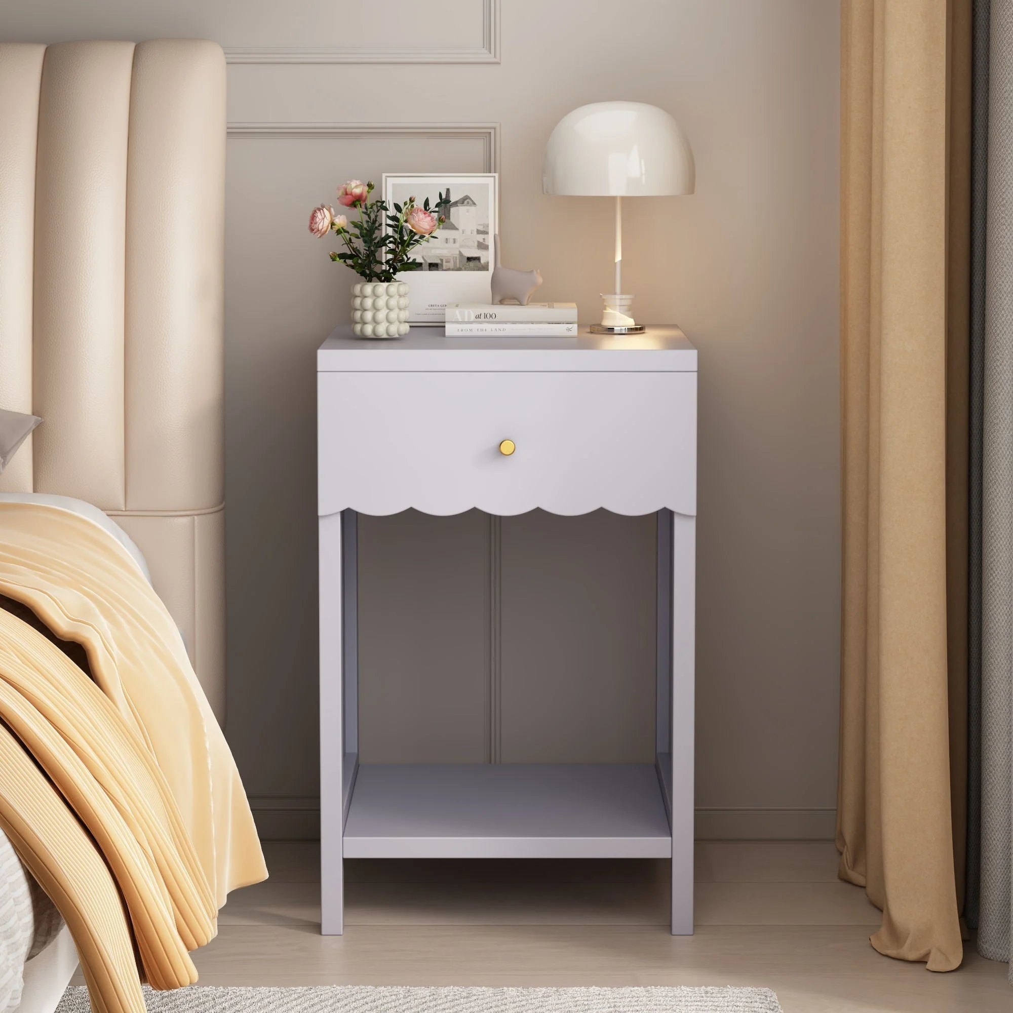 Nightstand With Drawer And Open Shelf, Scalloped Edge Bedside Table - Image 5