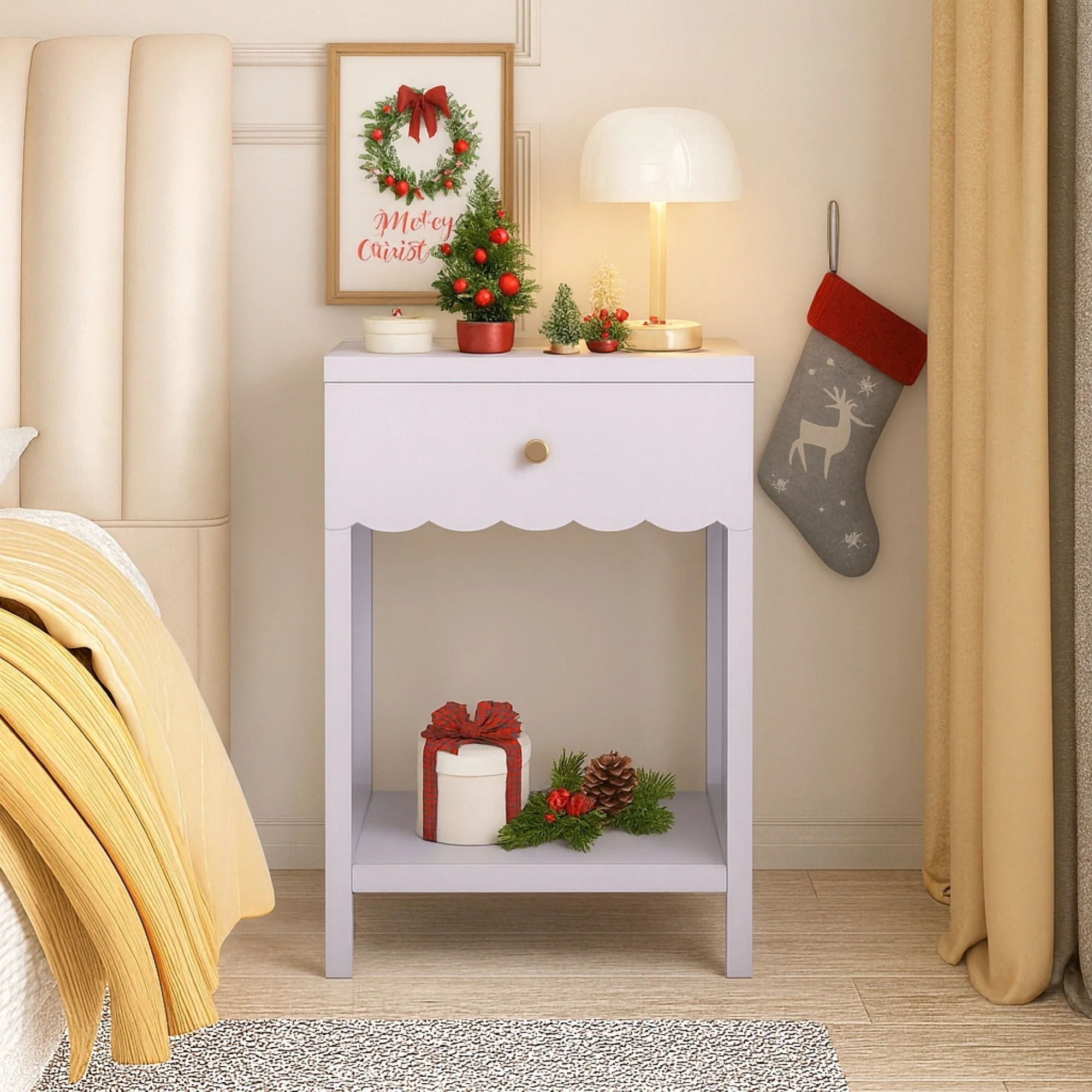 Nightstand With Drawer And Open Shelf, Scalloped Edge Bedside Table - Image 6