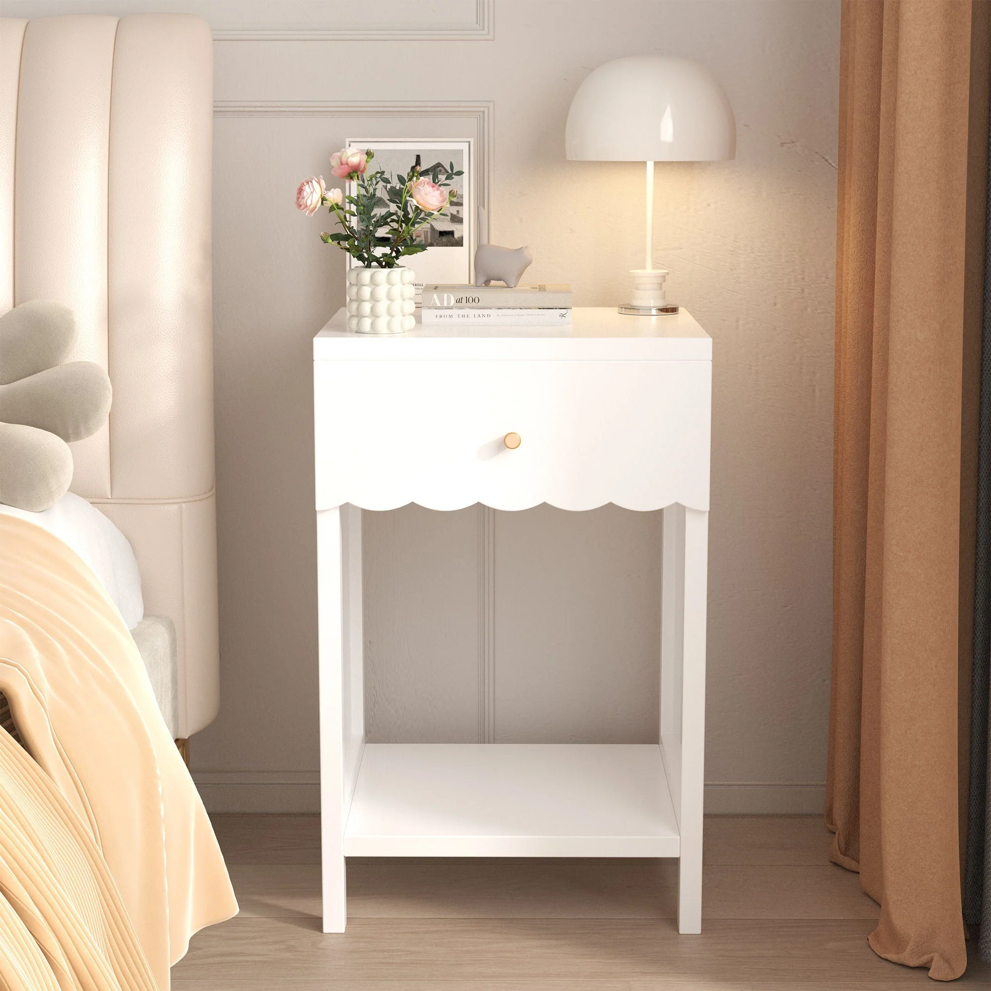 Nightstand With Drawer And Open Shelf, Scalloped Edge Bedside Table - Image 7