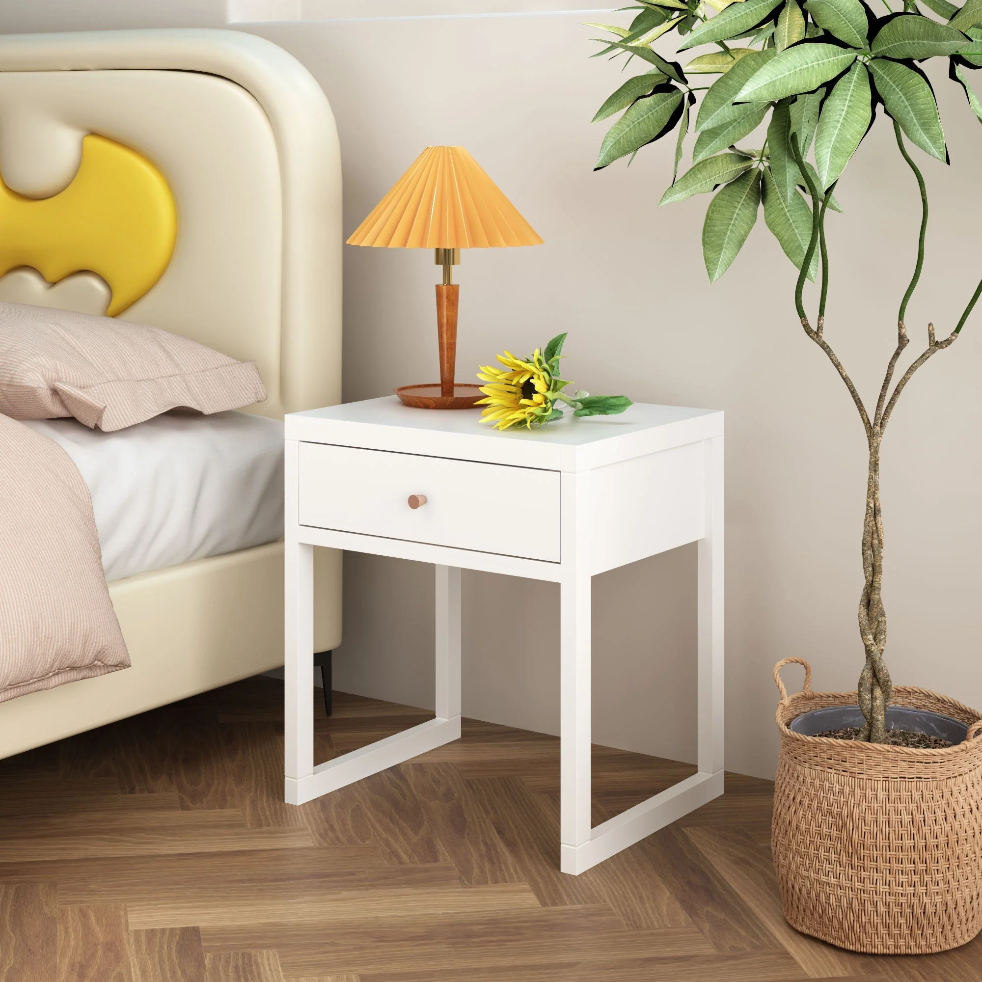 Nightstand With Drawer, Minimalist Bedside Table, Compact End Table For Bedroom - White - Image 2