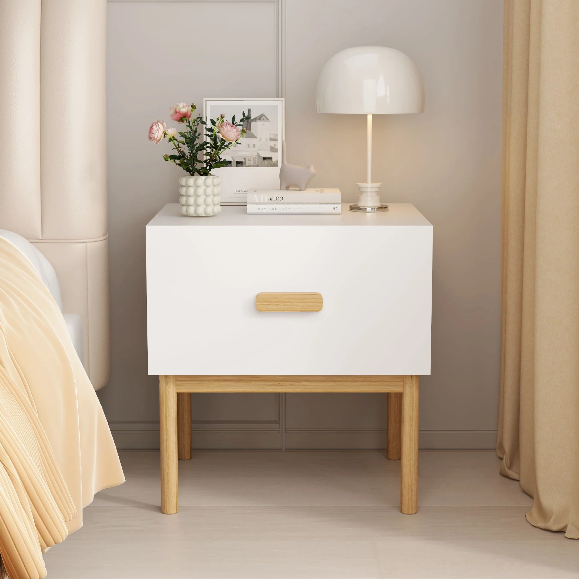 Nightstand With Drawer, Minimalist Bedside Table With Handle For Bedroom - White - Image 4