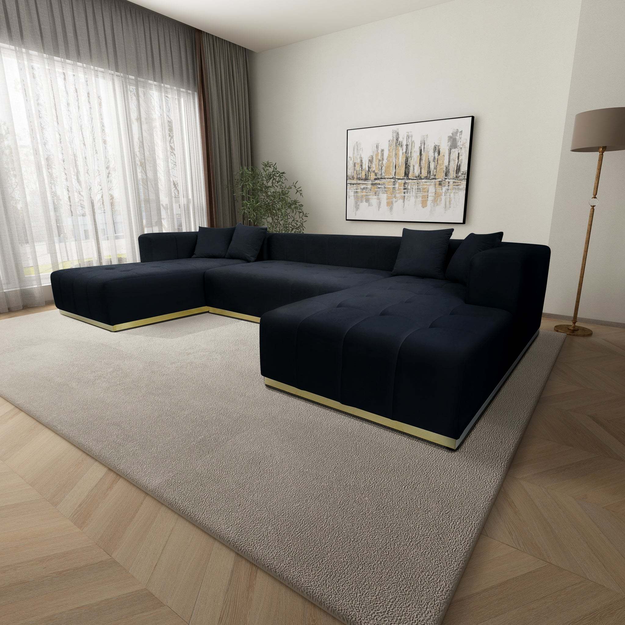 Nolan U-Shape Corner Sofa - Black Velvet - Image 4