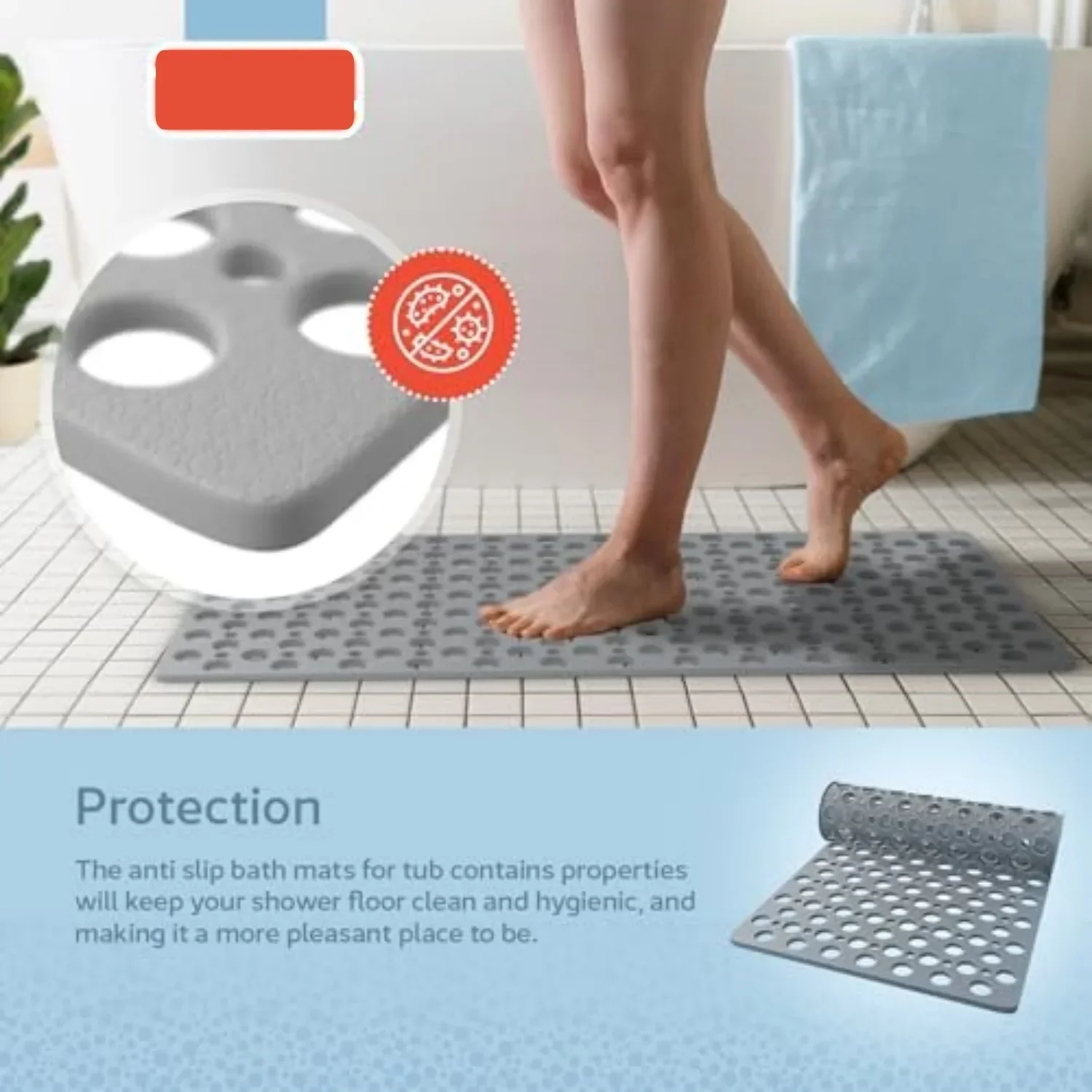 Non Slip Bathtub Shower Mat with Suction Cups Drain Holes 30x17 Inch - Image 5