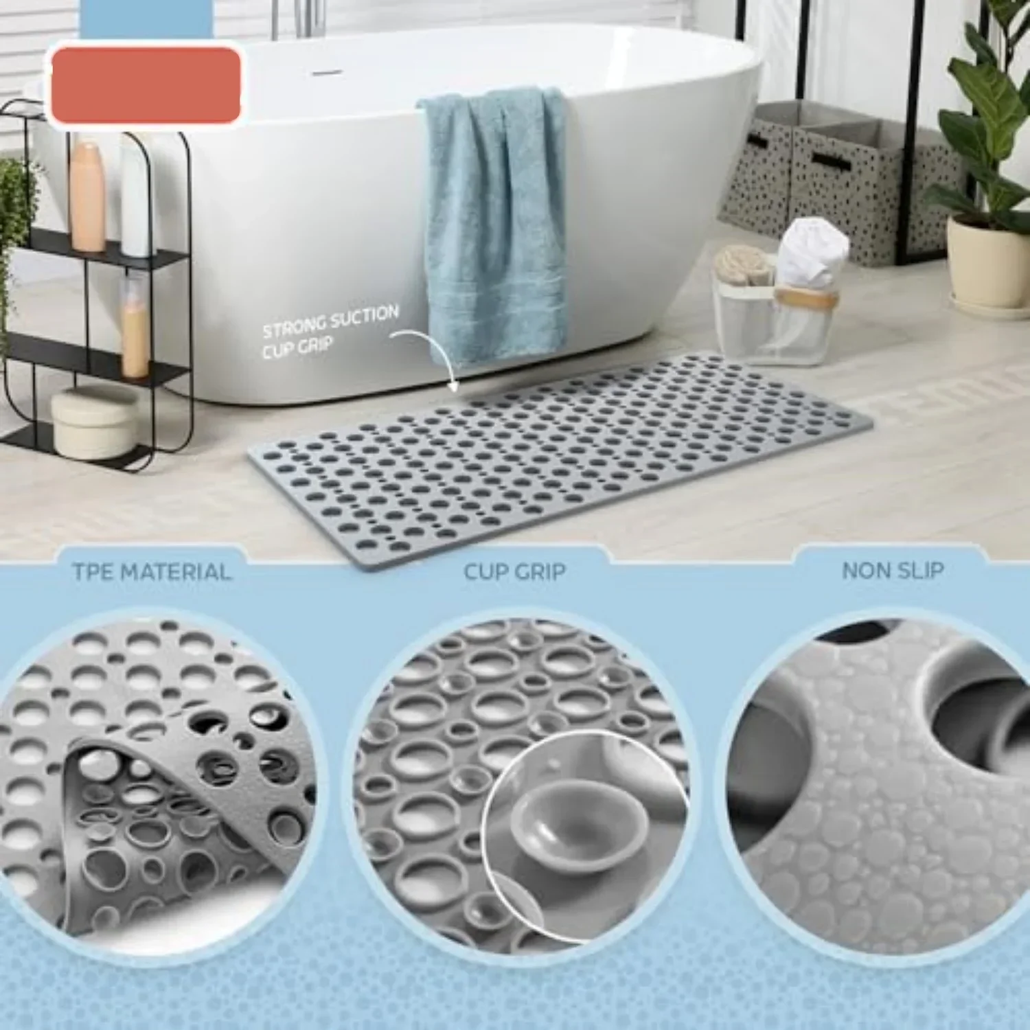 Non Slip Bathtub Shower Mat with Suction Cups Drain Holes 30x17 Inch - Image 6