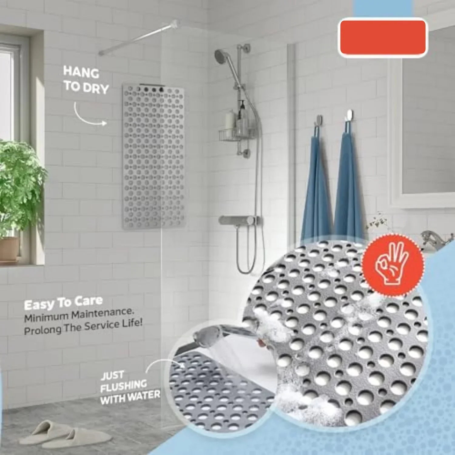 Non Slip Bathtub Shower Mat with Suction Cups Drain Holes 30x17 Inch - Image 7