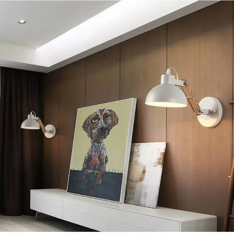 Nordic Adjustable Wall Sconce Robotic Arm Wood Iron E27 Bedroom Hotel Light - Image 3