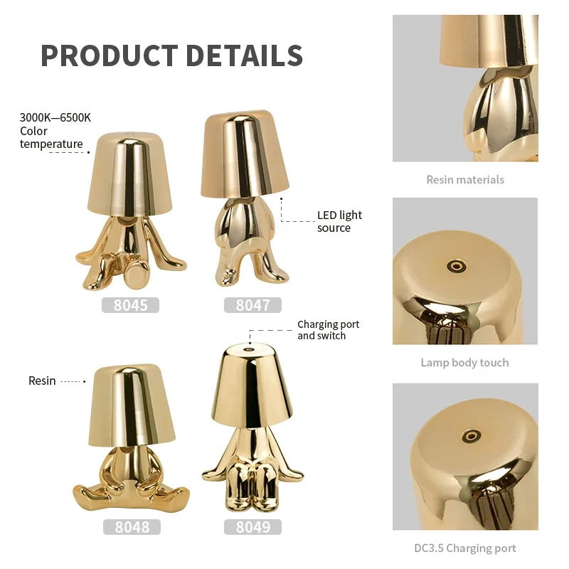 Nordic Golden Man Table Lamp LED USB Bedside Light Luxury Modern Room Decor - Image 6