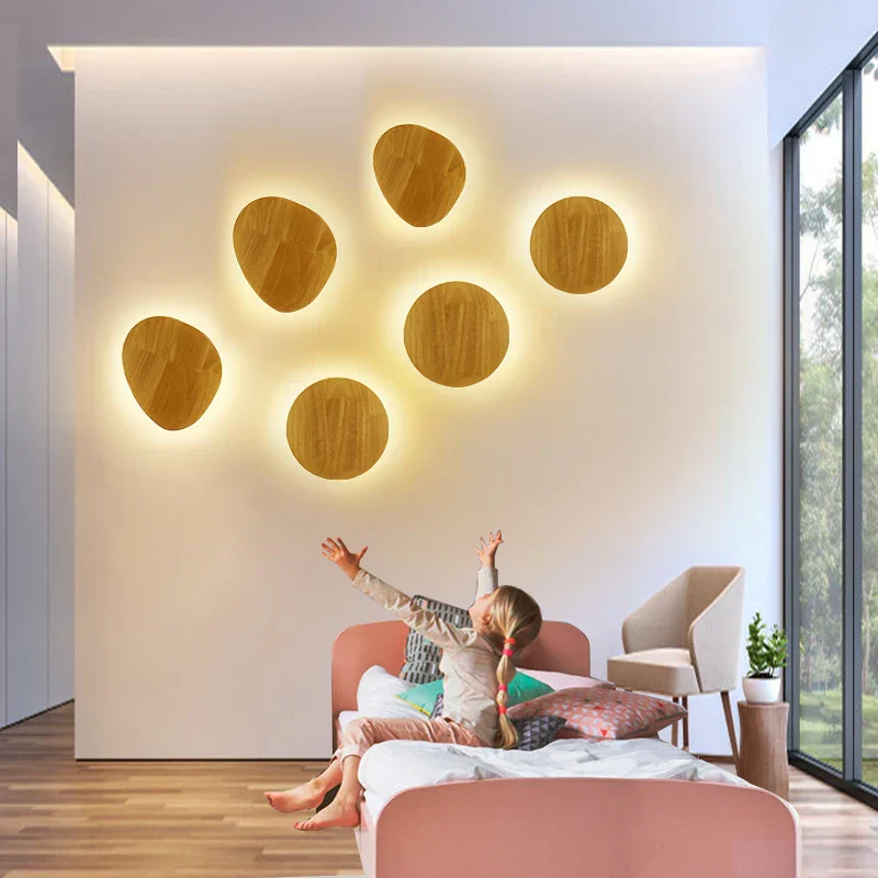 Nordic LED Wall Light Circular Wooden Modern Bedside Bedroom Staircase Sconce - Image 2