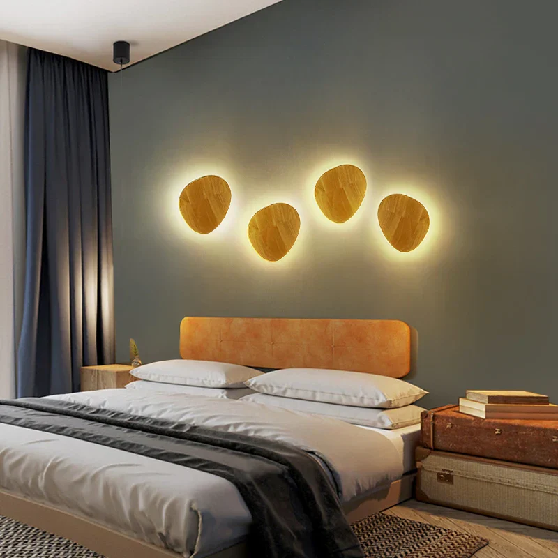 Nordic LED Wall Light Circular Wooden Modern Bedside Bedroom Staircase Sconce - Image 3