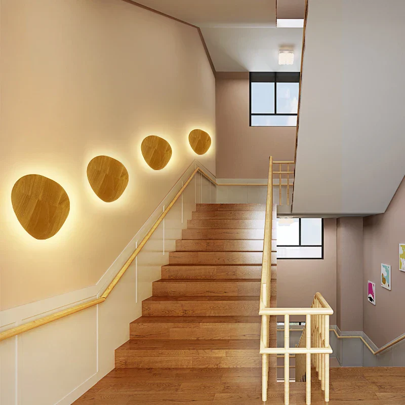 Nordic LED Wall Light Circular Wooden Modern Bedside Bedroom Staircase Sconce - Image 4