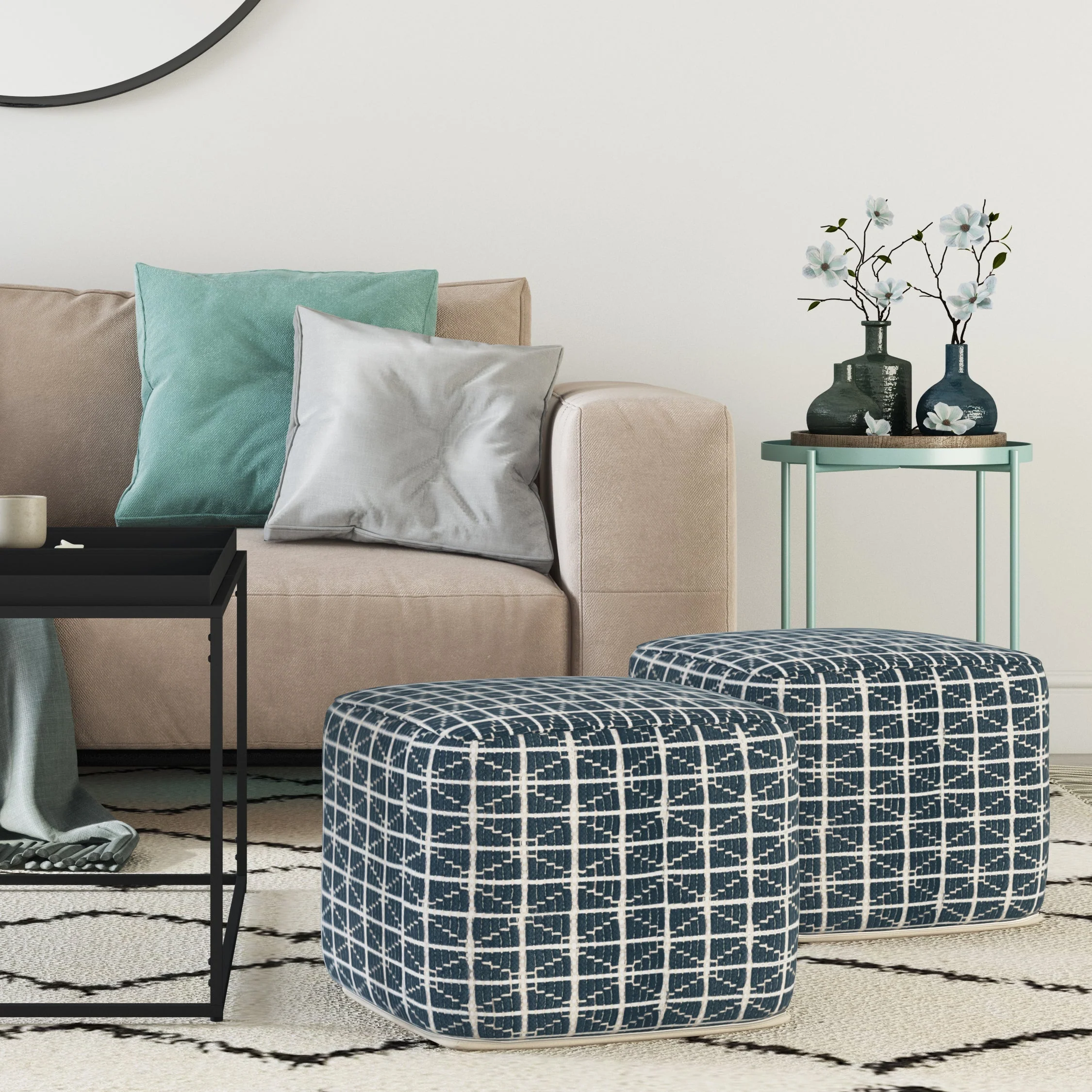 Noreen Square Pouf - Dark Blue / White - Image 7