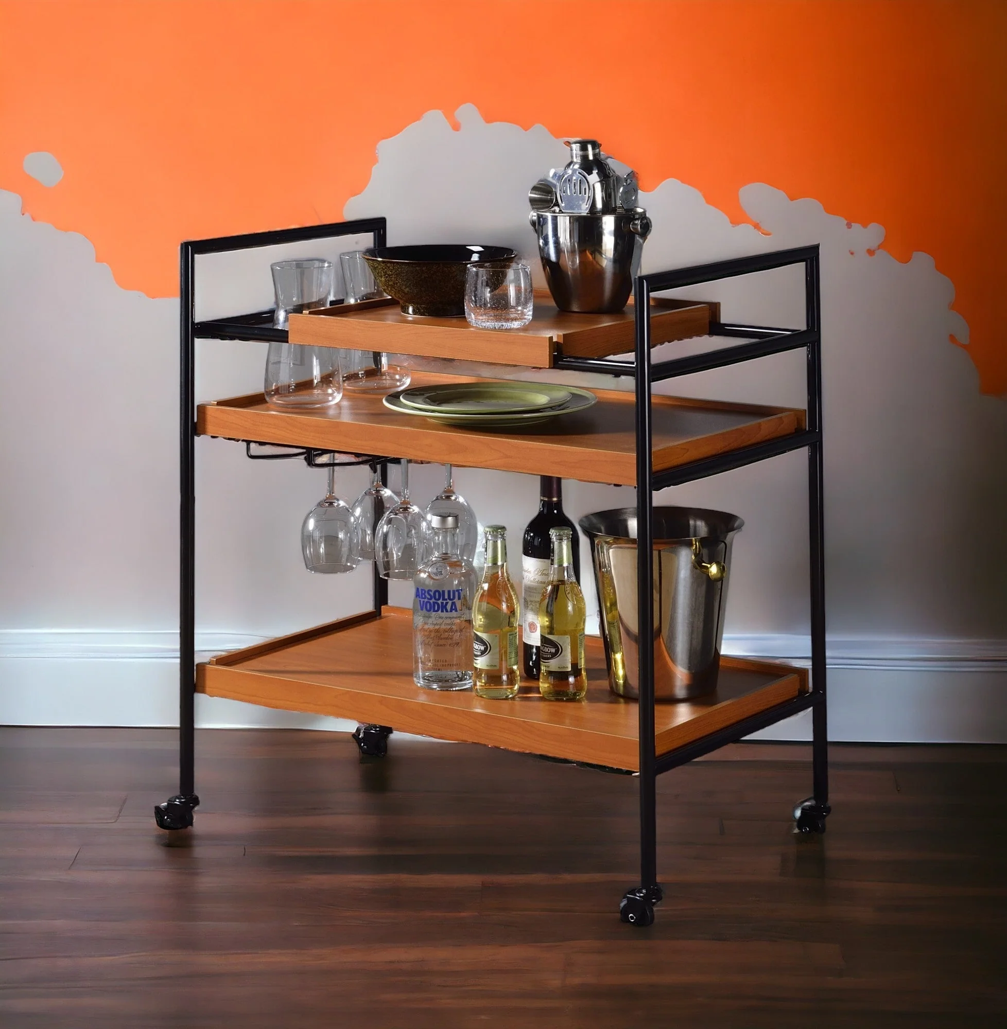Oaken Honey Oak & Black Finish Serving Cart - Image 3
