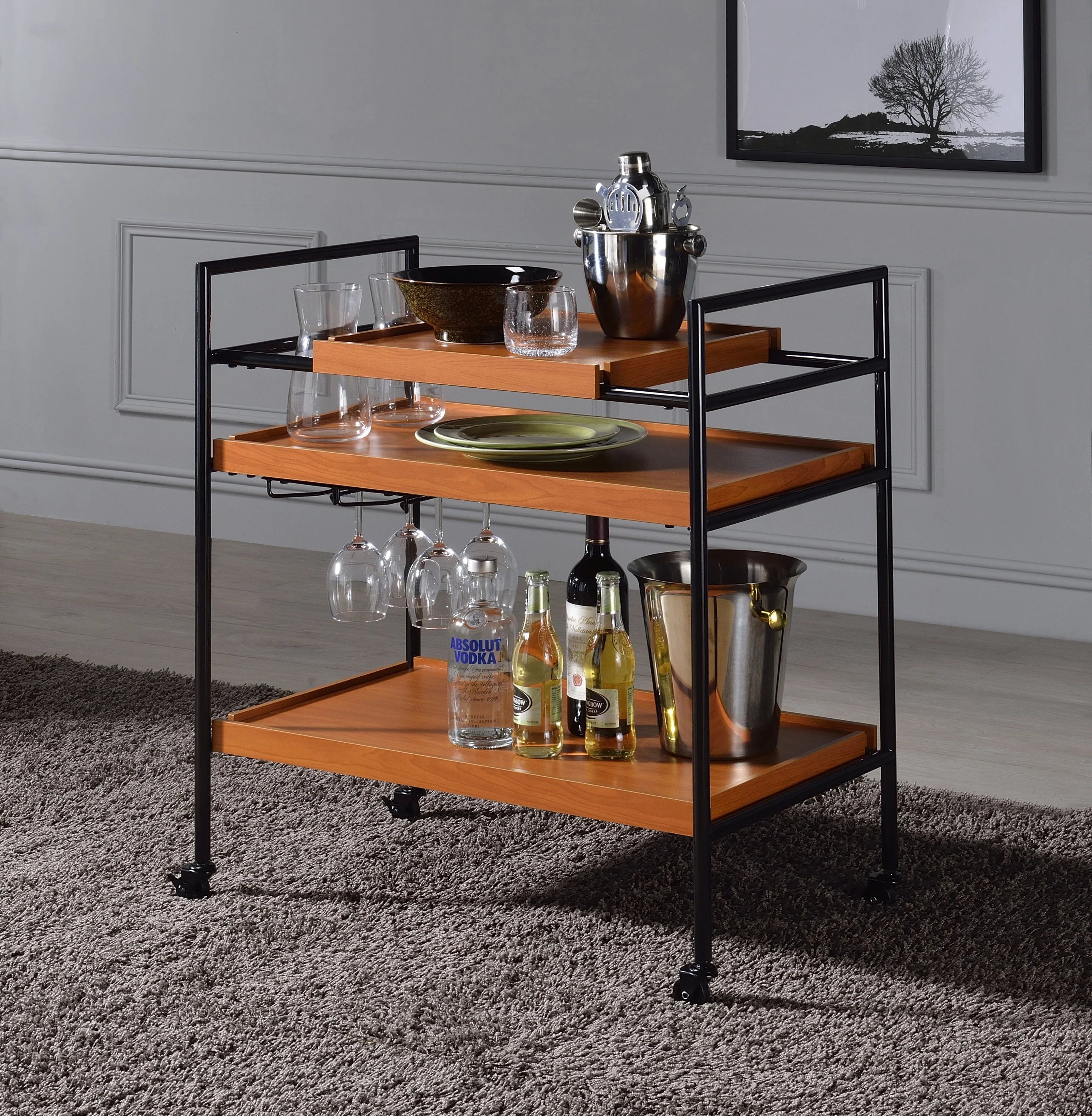 Oaken Honey Oak & Black Finish Serving Cart - Image 4