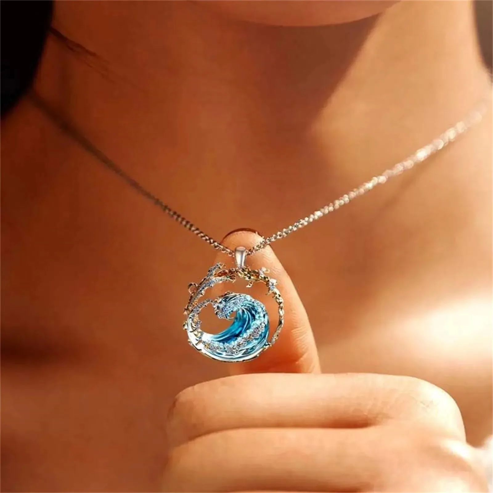 Ocean Wave Pendant Necklace for Women Stainless Steel Sea Jewelry Gift - Image 3