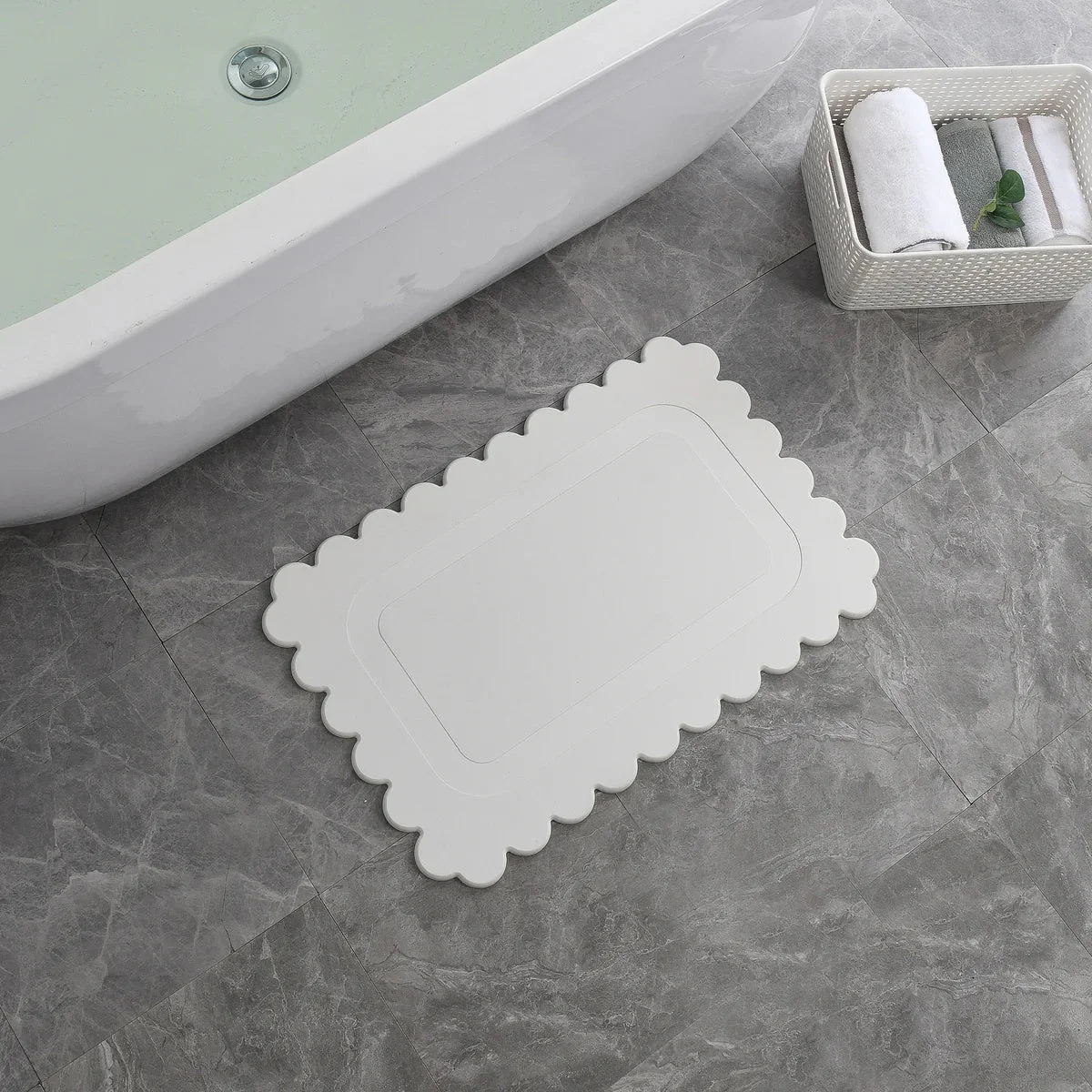 Off White Scallop Stone Bath Mat - Dimensions: 24"x15" - Image 4