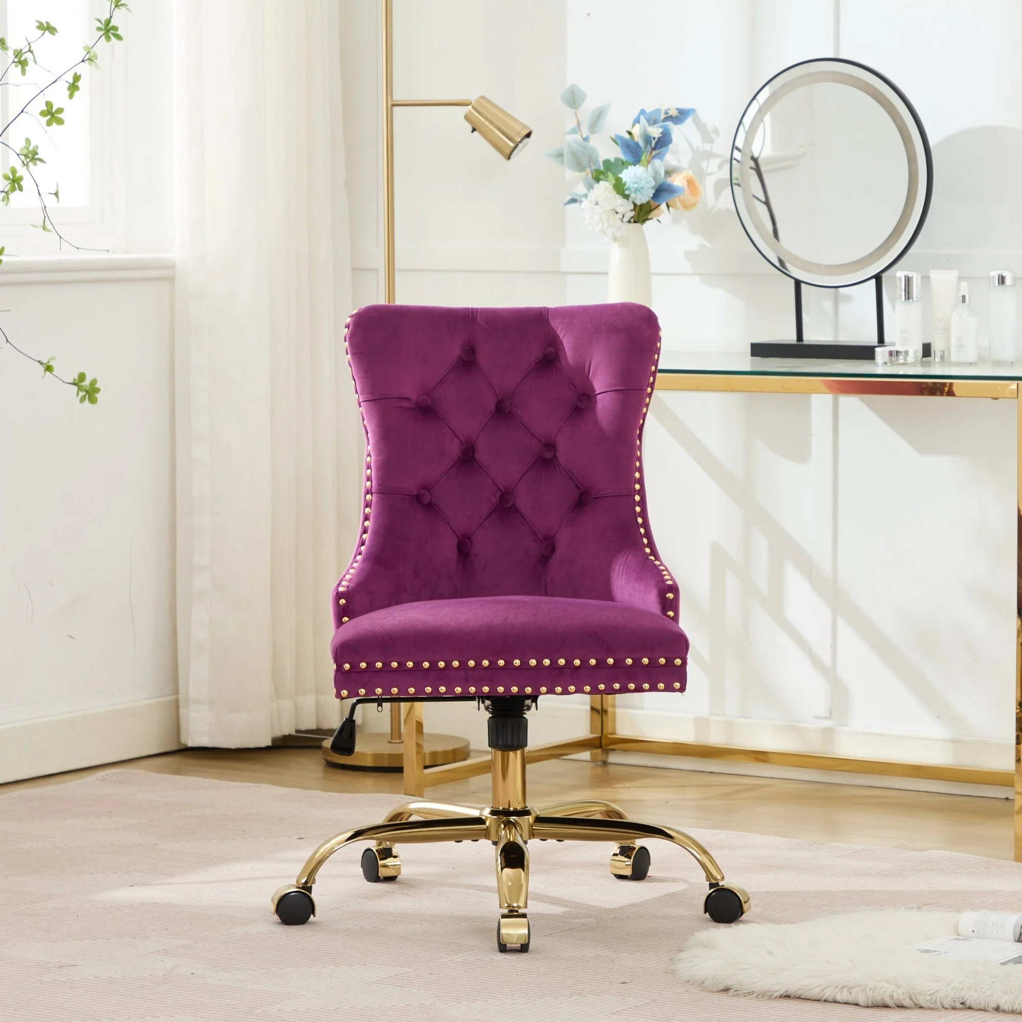 Office Chair Modern Velvet Upholstered Tufted Button (Purple) - Image 14