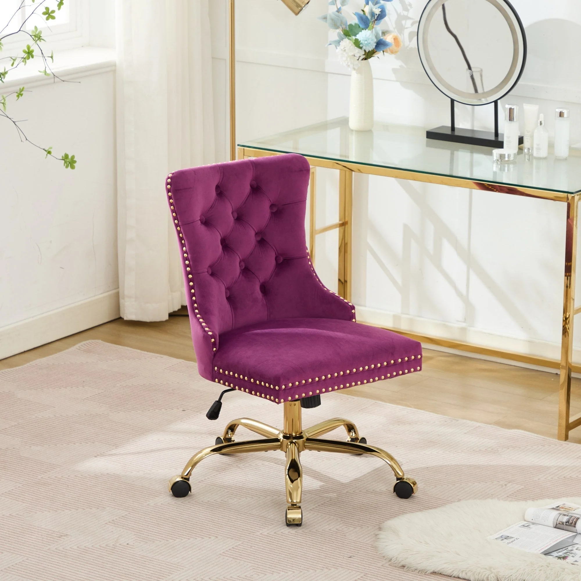 Office Chair Modern Velvet Upholstered Tufted Button (Purple) - Image 15
