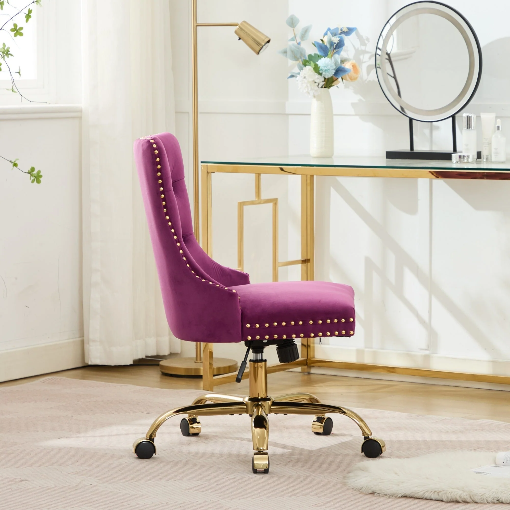 Office Chair Modern Velvet Upholstered Tufted Button (Purple) - Image 16