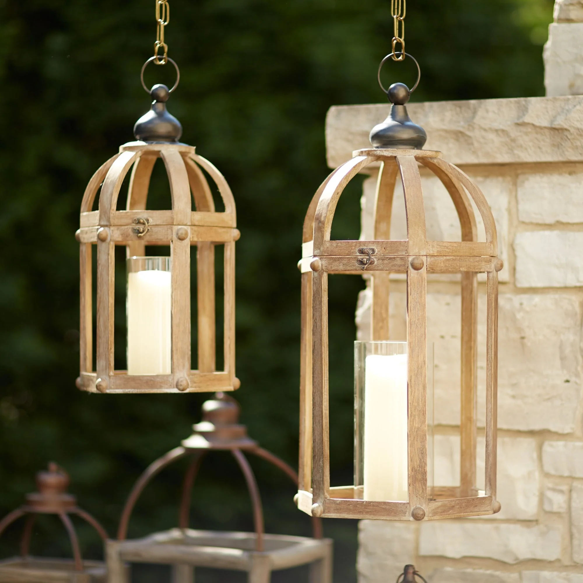 Open Wood Lantern with Glass Hurricane (Set of 2) - Image 2