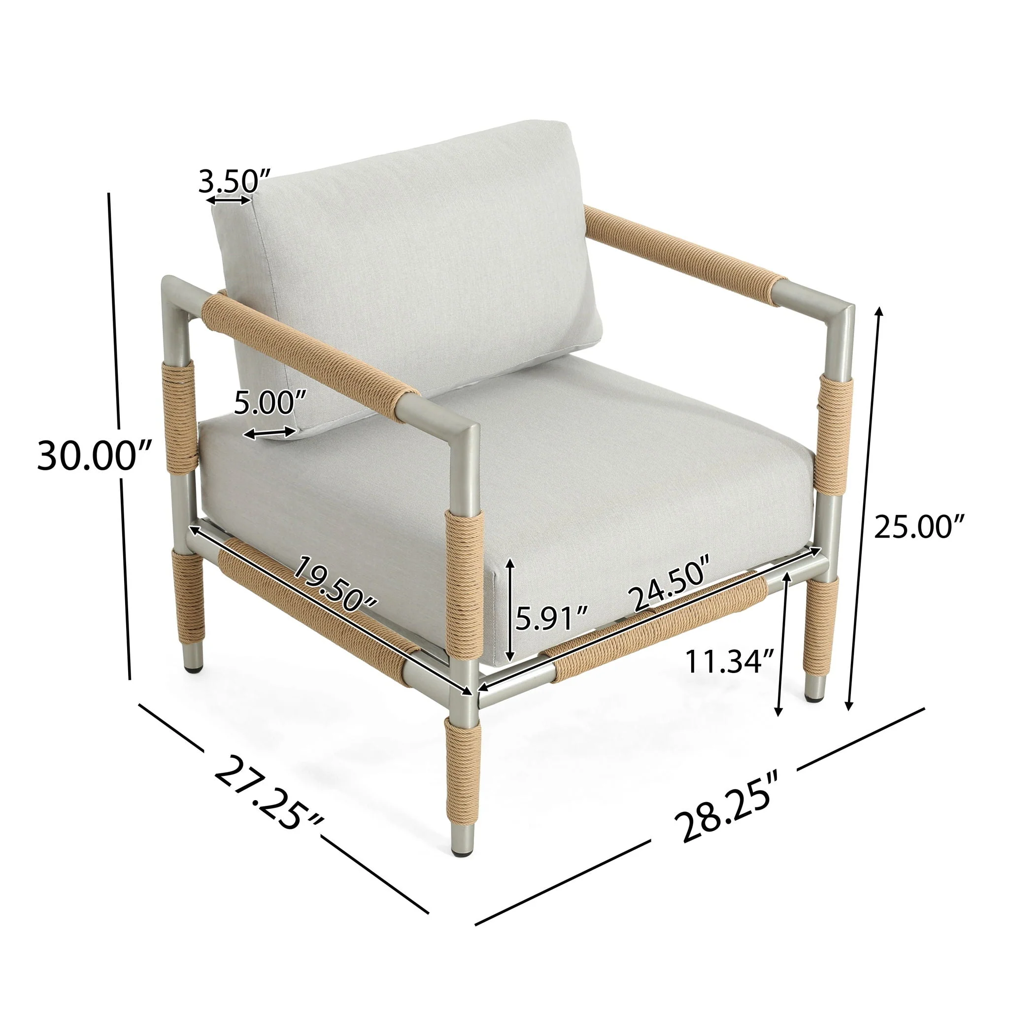 Oriana Aluminum Outdoor Patio Armchair With Thick Cushions - Light Gray - Image 4