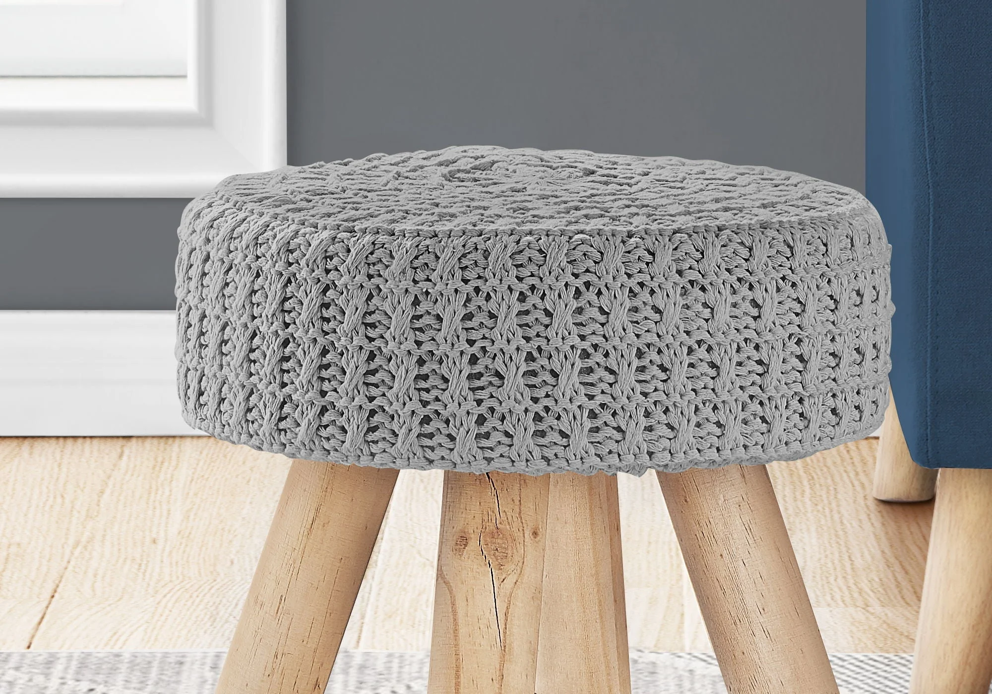 Ottoman, Pouf, Footrest, Foot Stool, Round, Natural Wood Legs, Contemporary, Modern - Image 4
